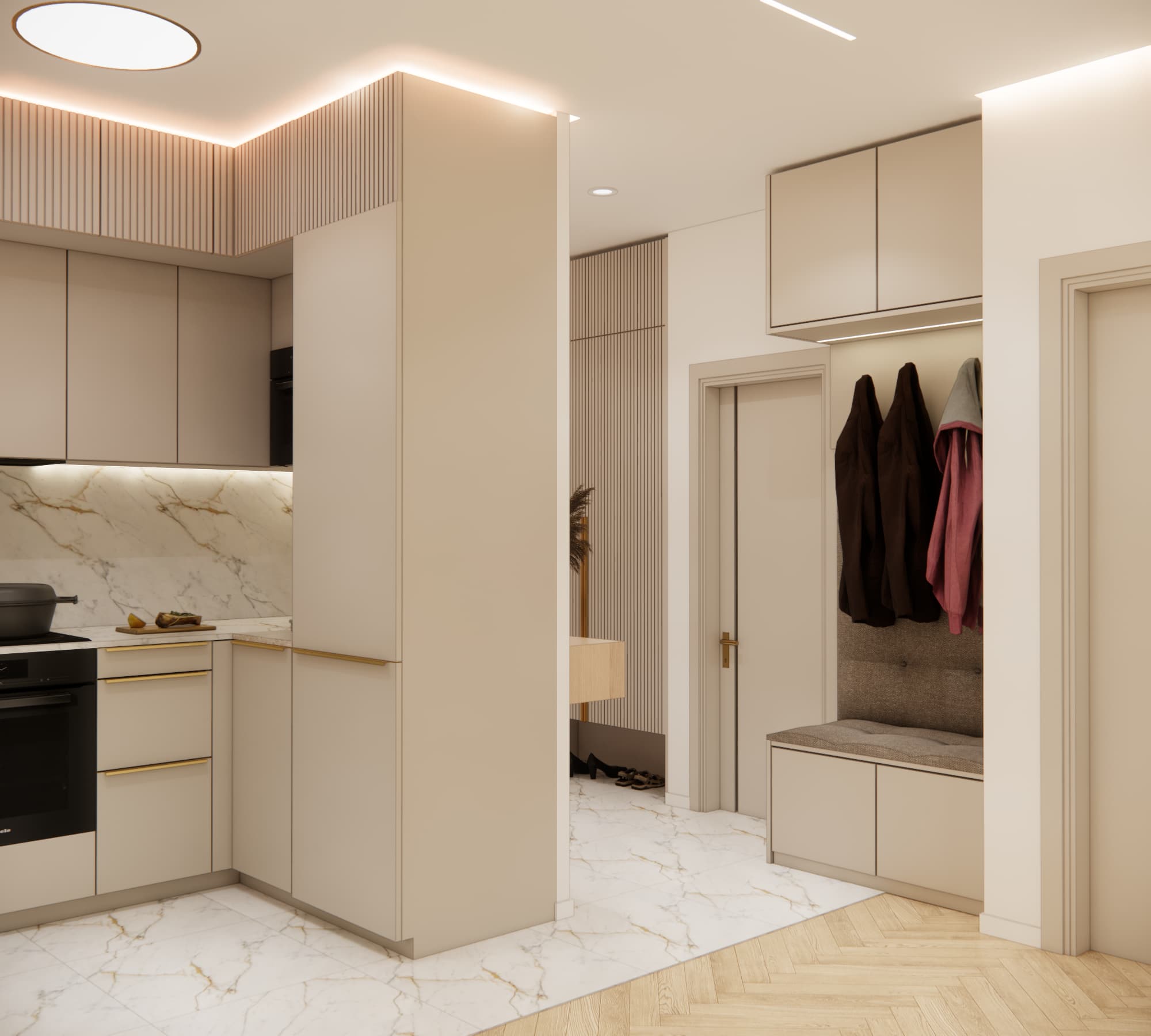 5.15 m² entrance hall design with bench, wardrobe and coat storage