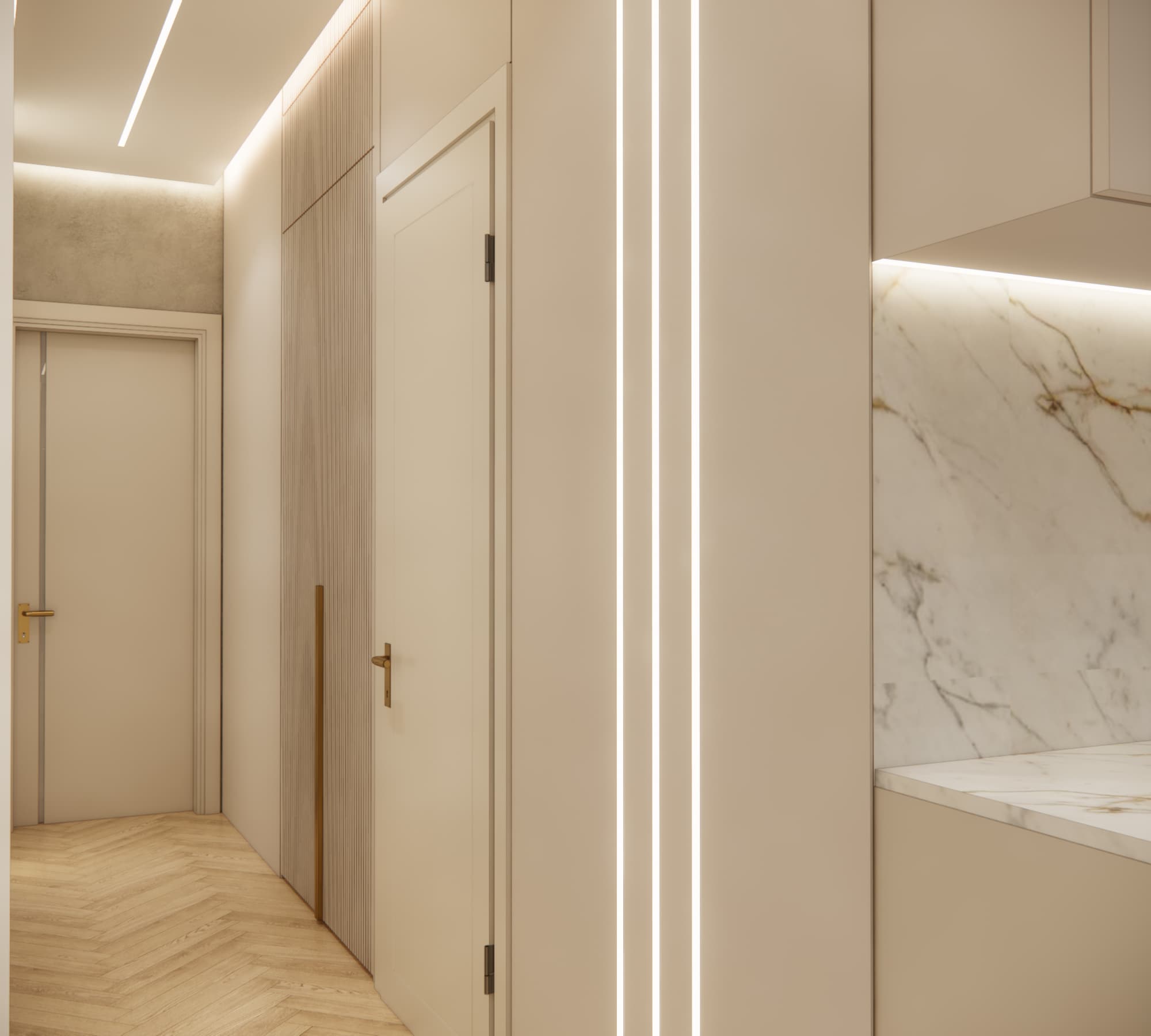 Hallway design with built-in furniture and light herringbone wood flooring