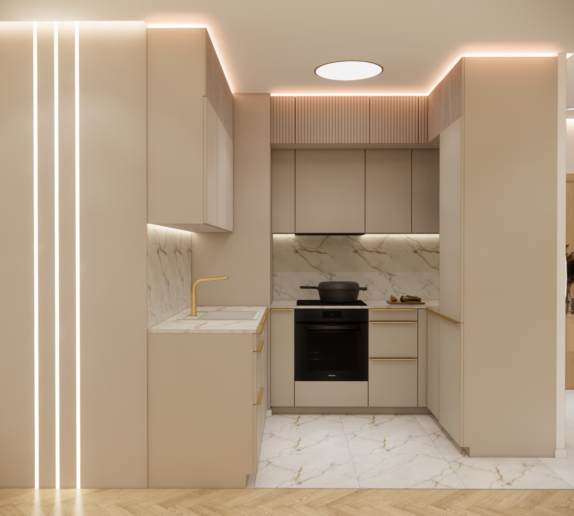 Kitchenette in the living room – beige cabinets and marble-effect countertop