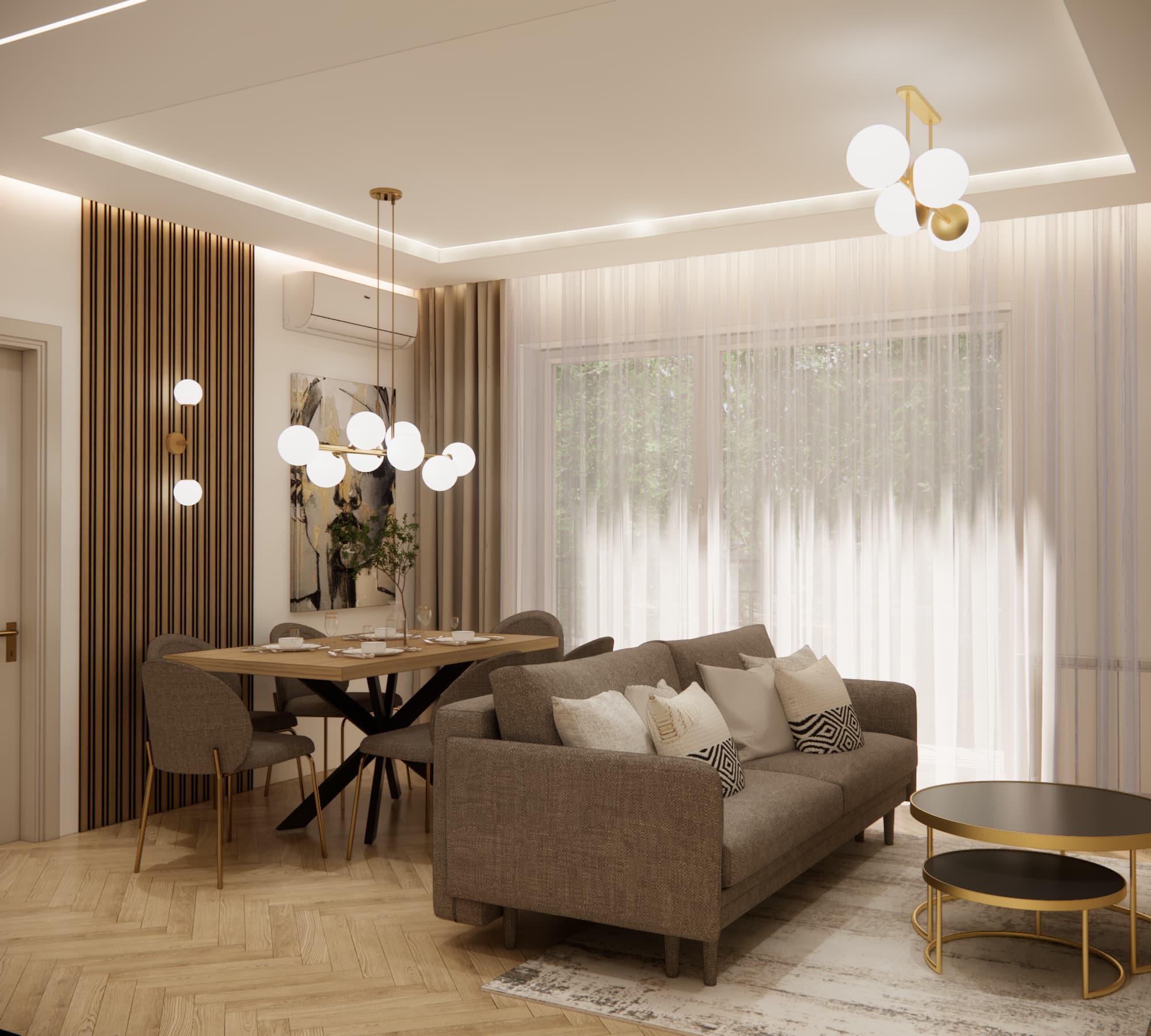 Living room with dining area design – beige sofa, wooden table and gold lighting