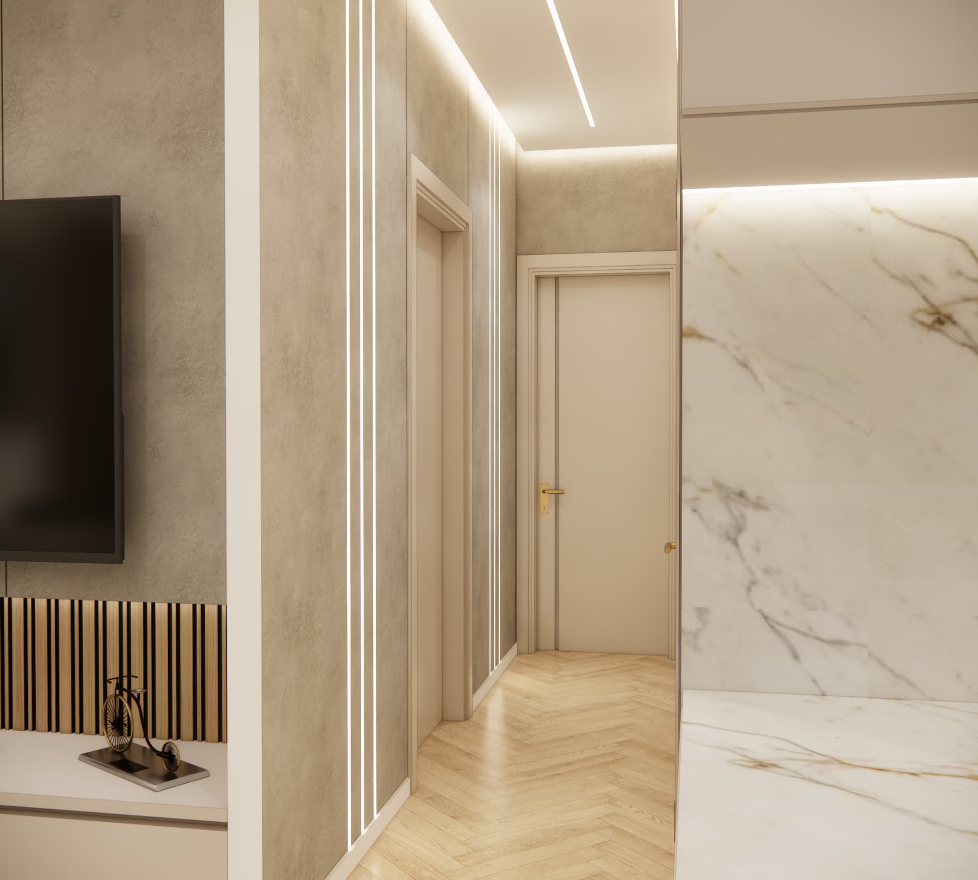 Narrow corridor with decorative wall finish and vertical LED light lines