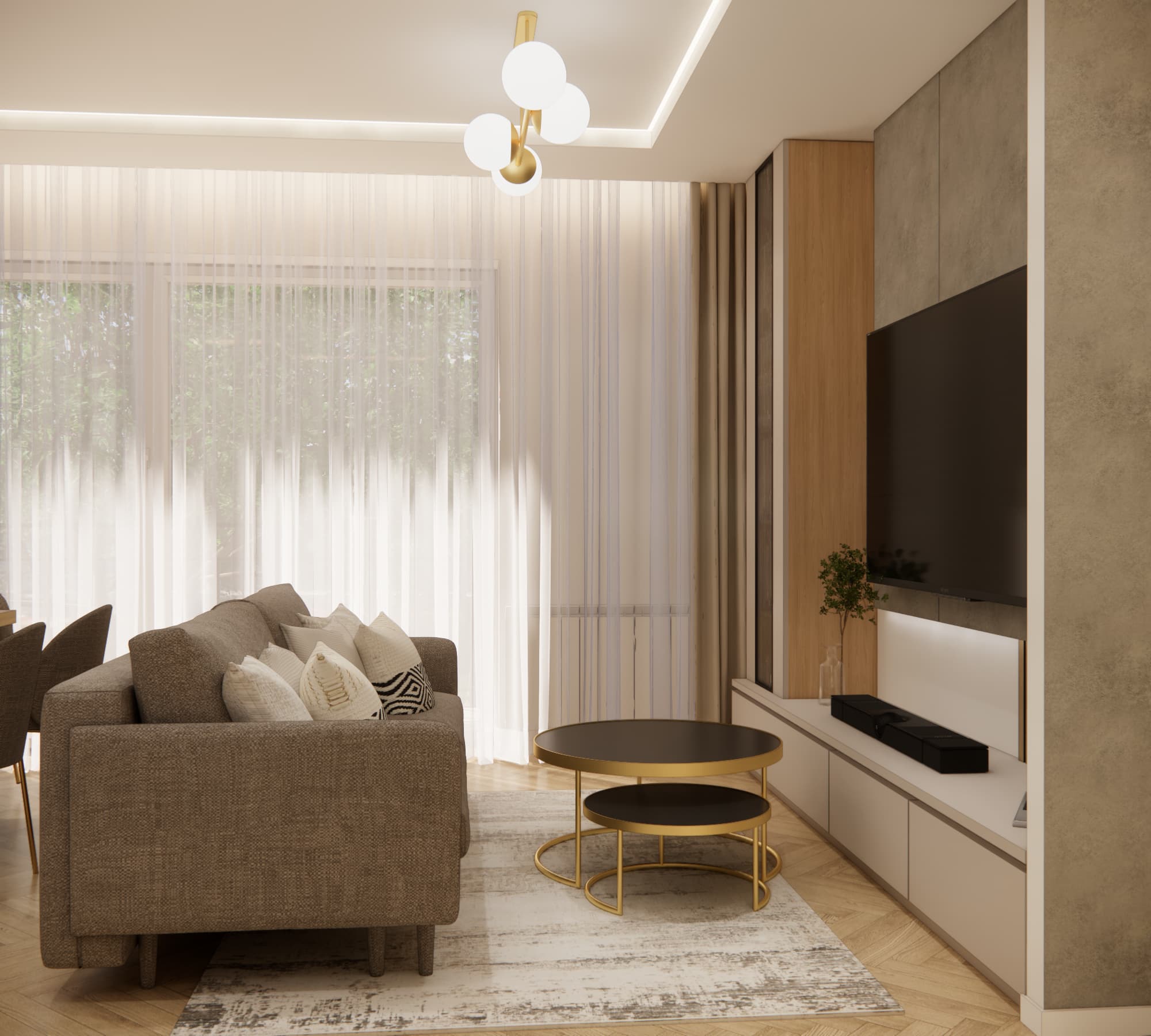 Nowoczesny salon z telewizorem, beżową sofą i drewnianą podłogą w jodełkę