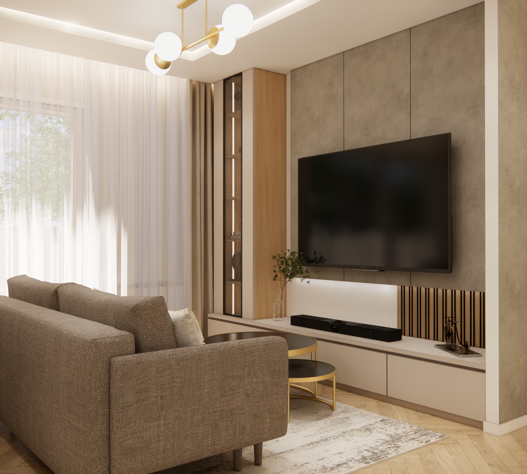 Projekt salonu z aneksem kuchennym 34 m² – ściana telewizyjna w beżach i drewnie