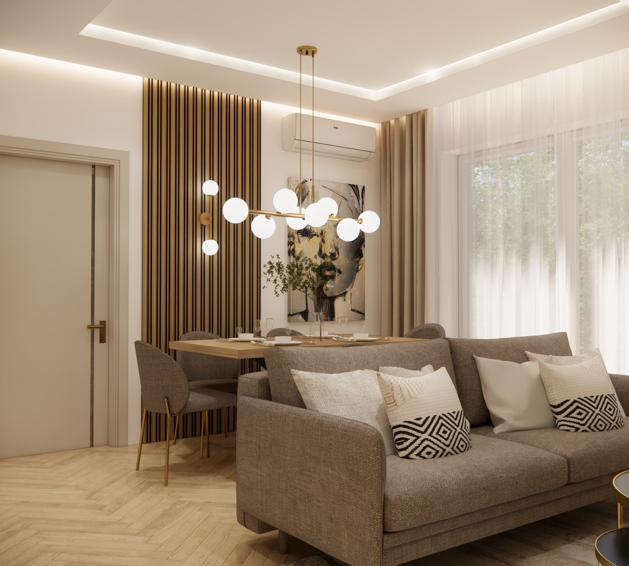 Projekt salonu z jadalnią – beżowa sofa, drewniany stół i dekoracyjne lamele