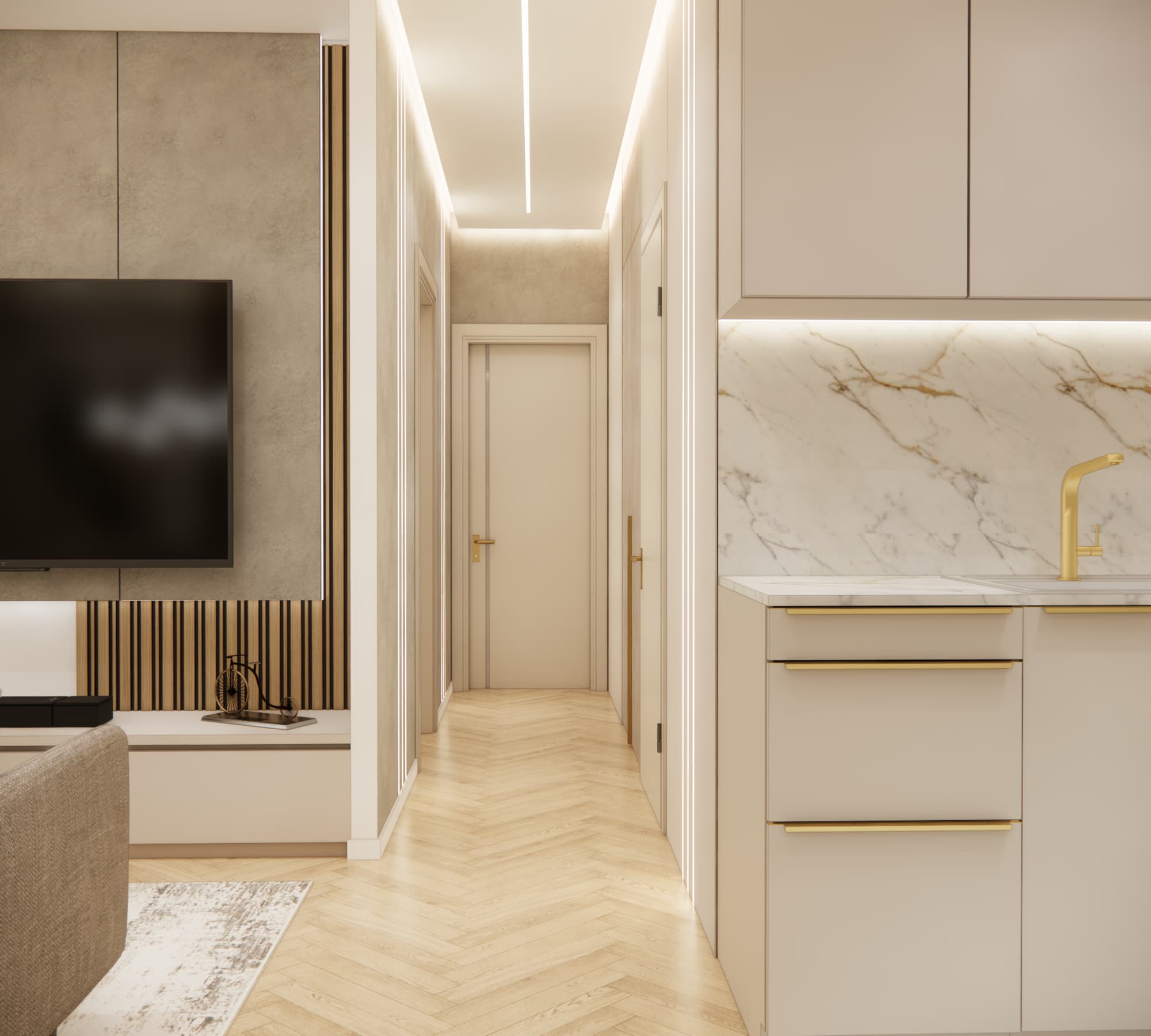 Salon z aneksem kuchennym i holem – spójna aranżacja wnętrza 34 m²