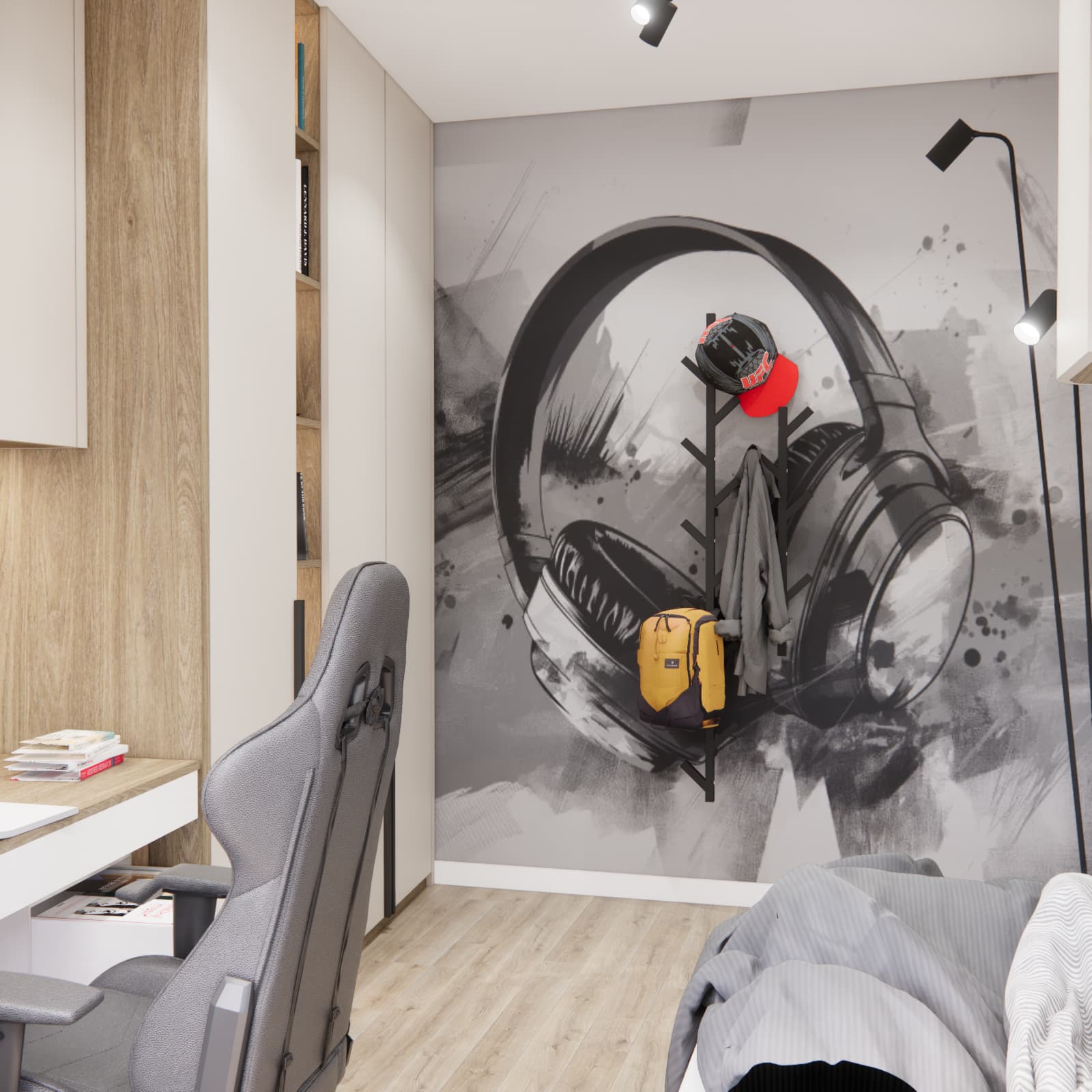Boy's room with a headphones wall mural, backpack hanger and modern custom-built furniture