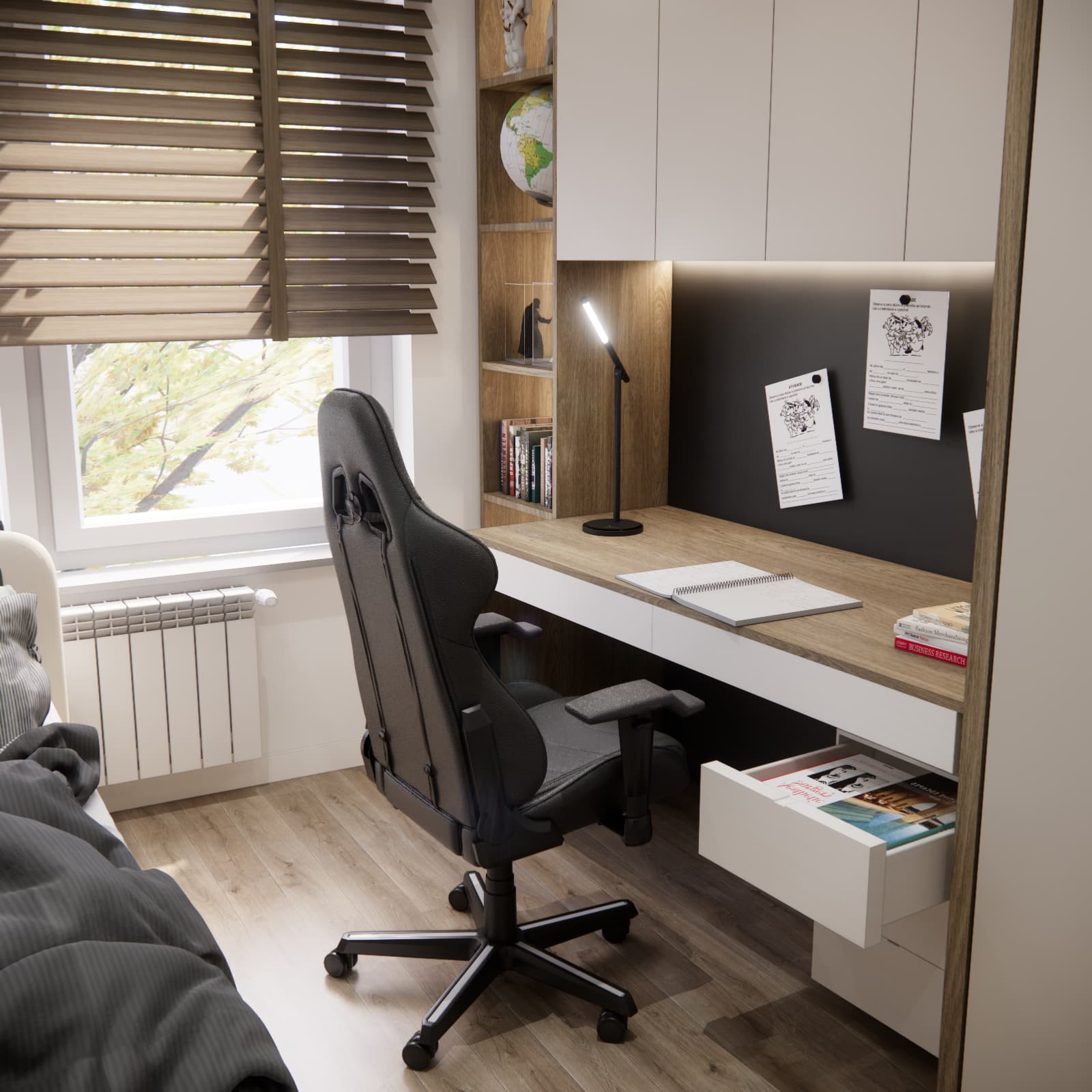 Large custom-made desk in a boy's room with drawers, shelving and LED lighting