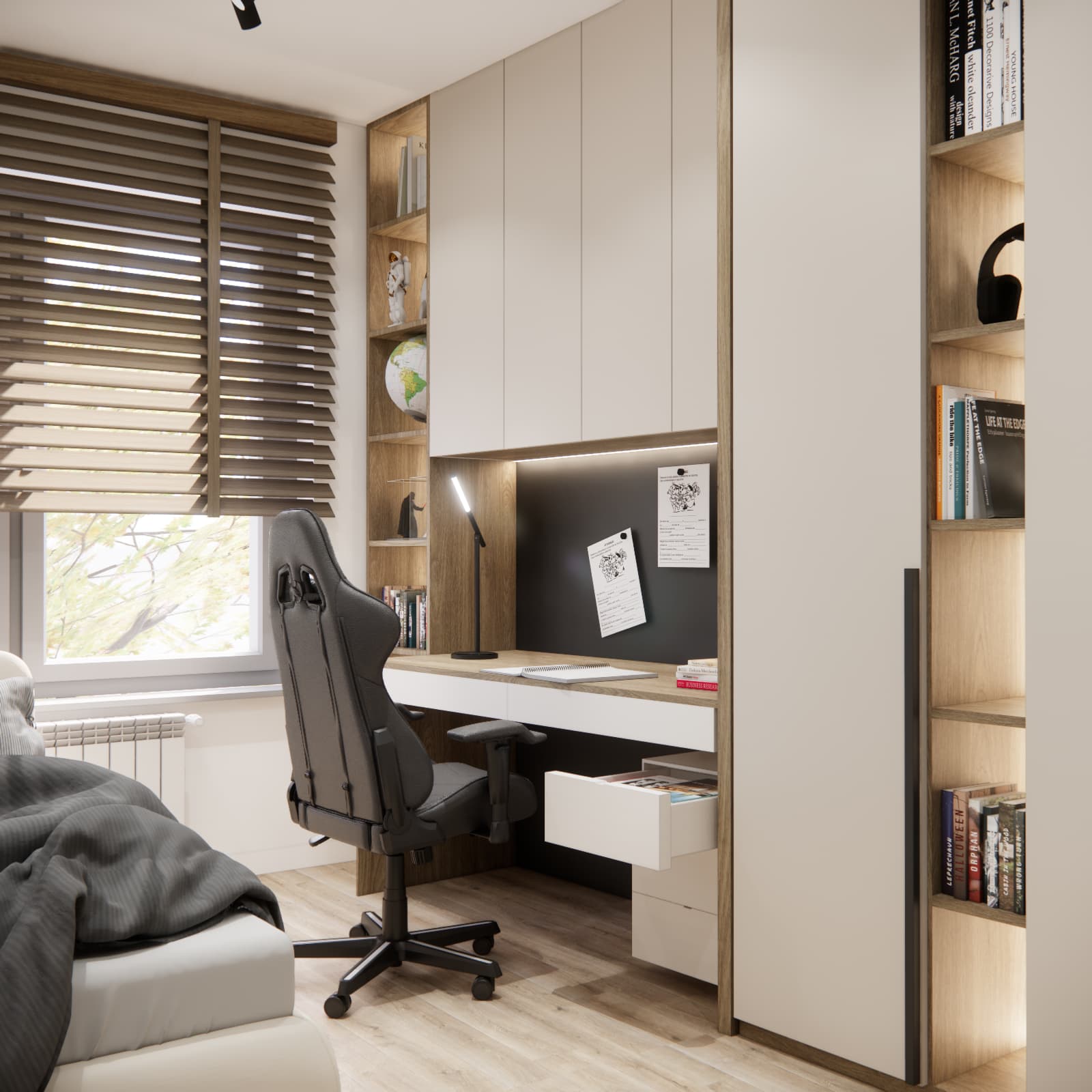 Modern room design for a 10-year-old boy with a desk and custom-built furniture
