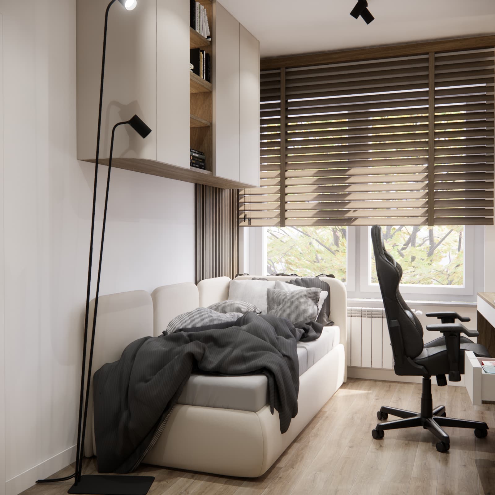 Modern teenage room with cashmere furniture and warm wood accents