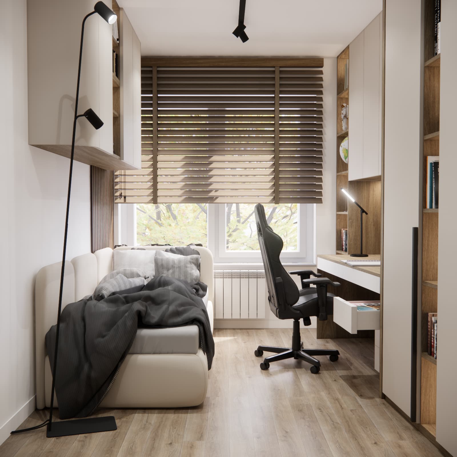 Room for a 10-year-old boy with a bed, large desk and light custom-built furniture