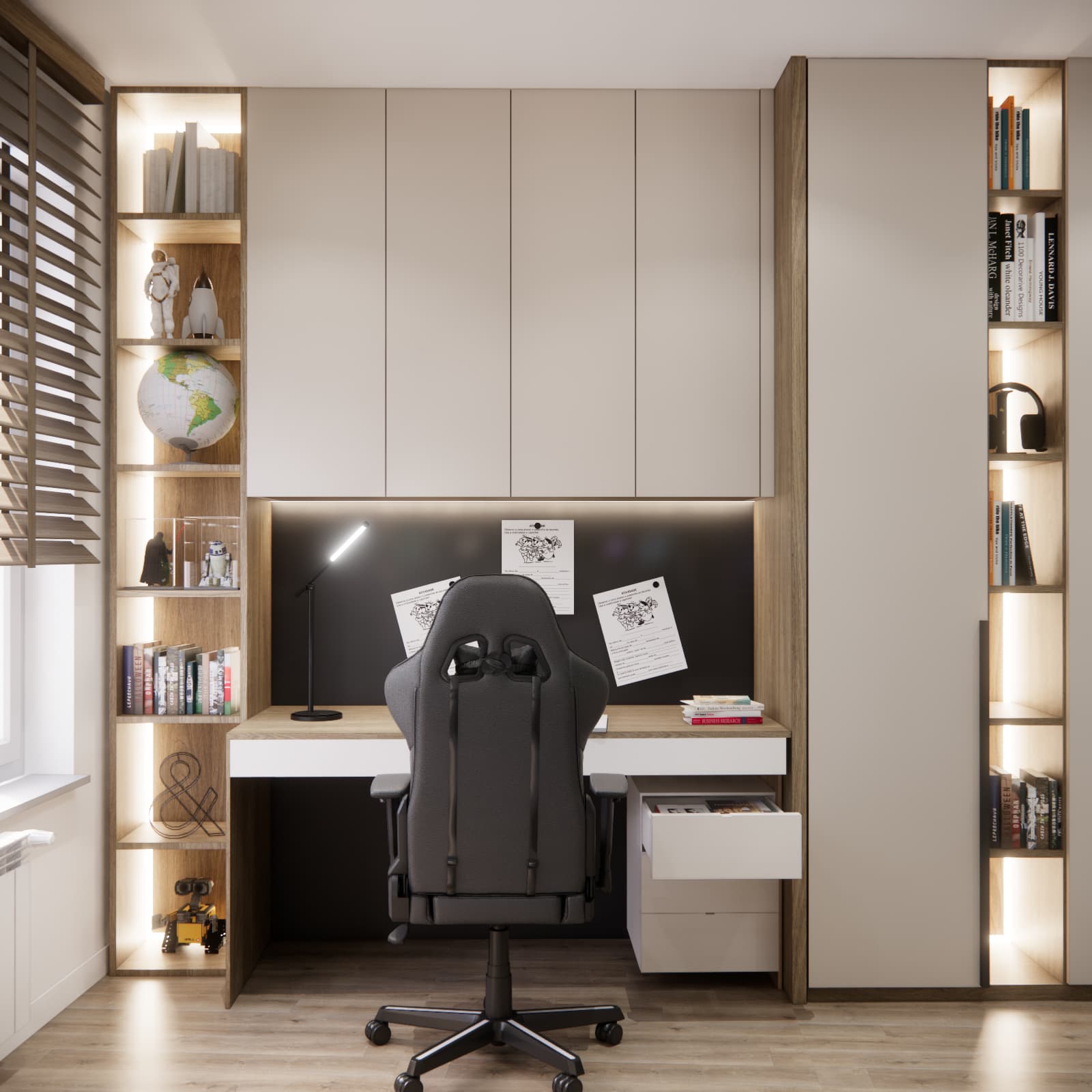Study area design in a 10-year-old boy's room with a desk, wardrobes and illuminated shelves