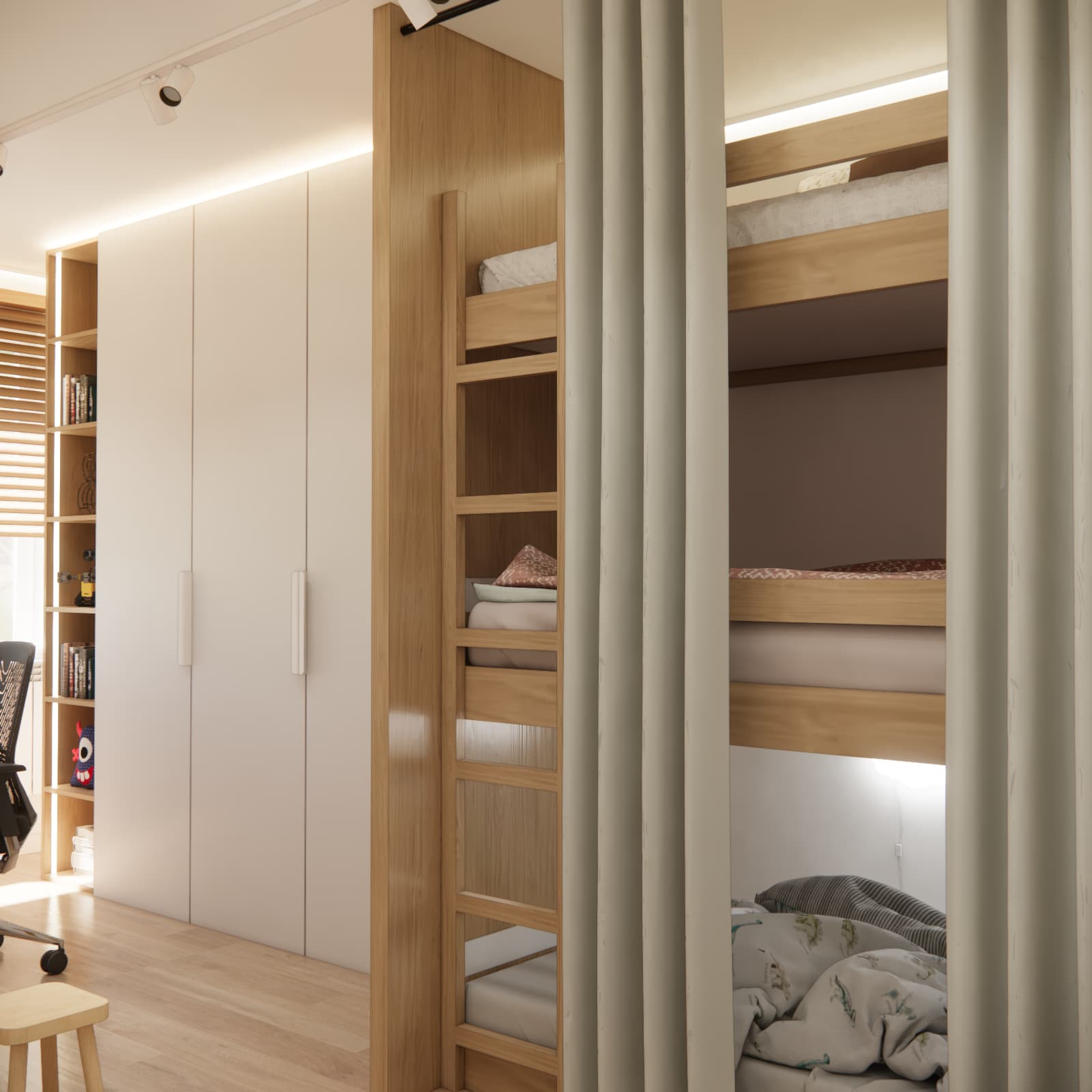 Bunk beds for three children with curtains providing additional privacy