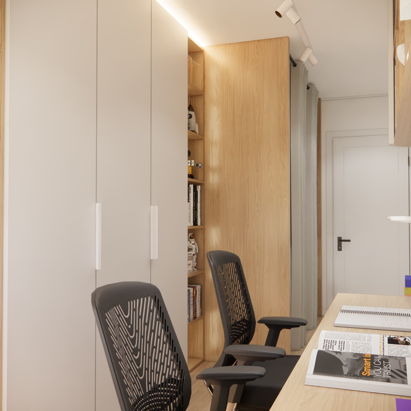 Custom-made furniture with wardrobe and shelving in a children's room