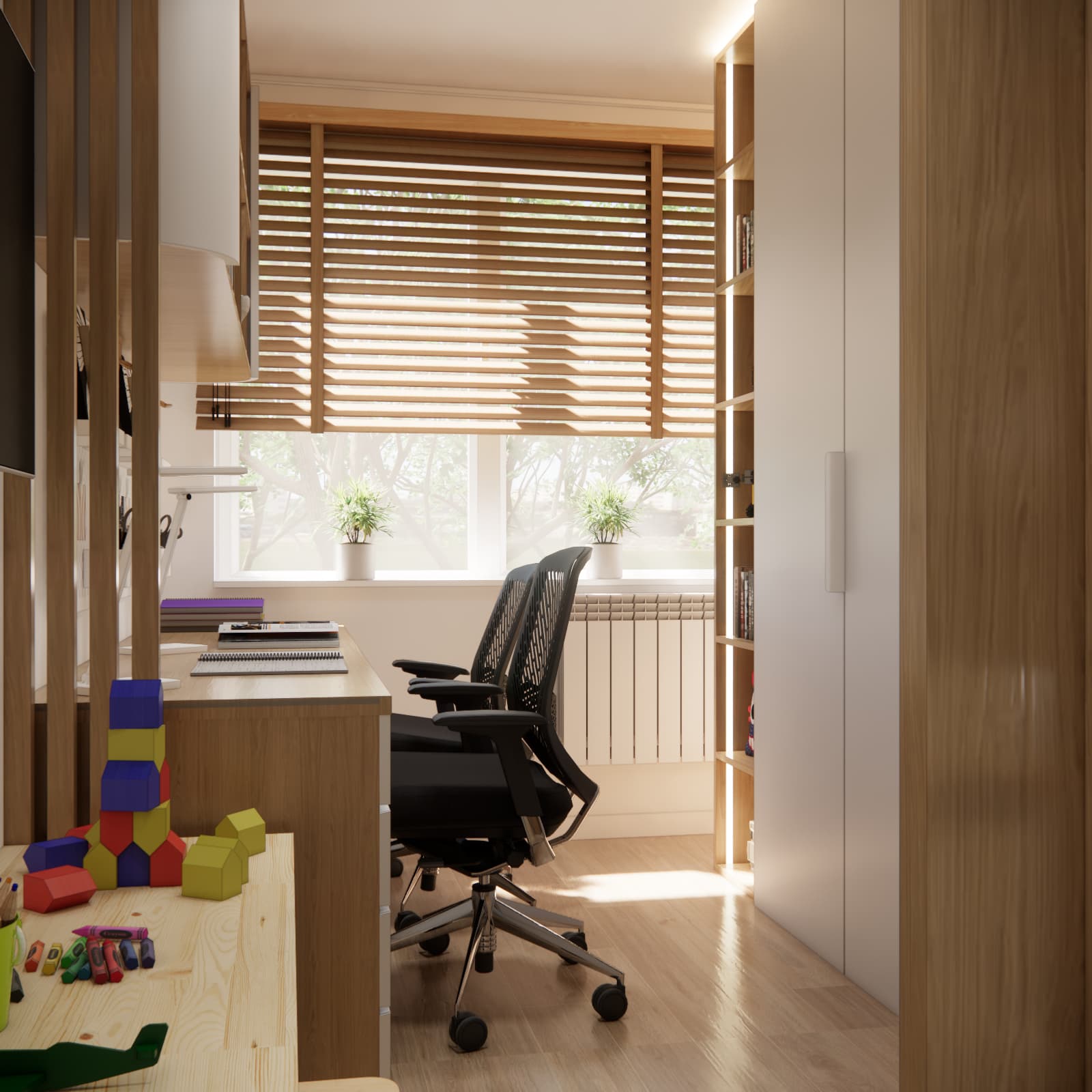 Functional room for three children with two desks and a spacious wardrobe
