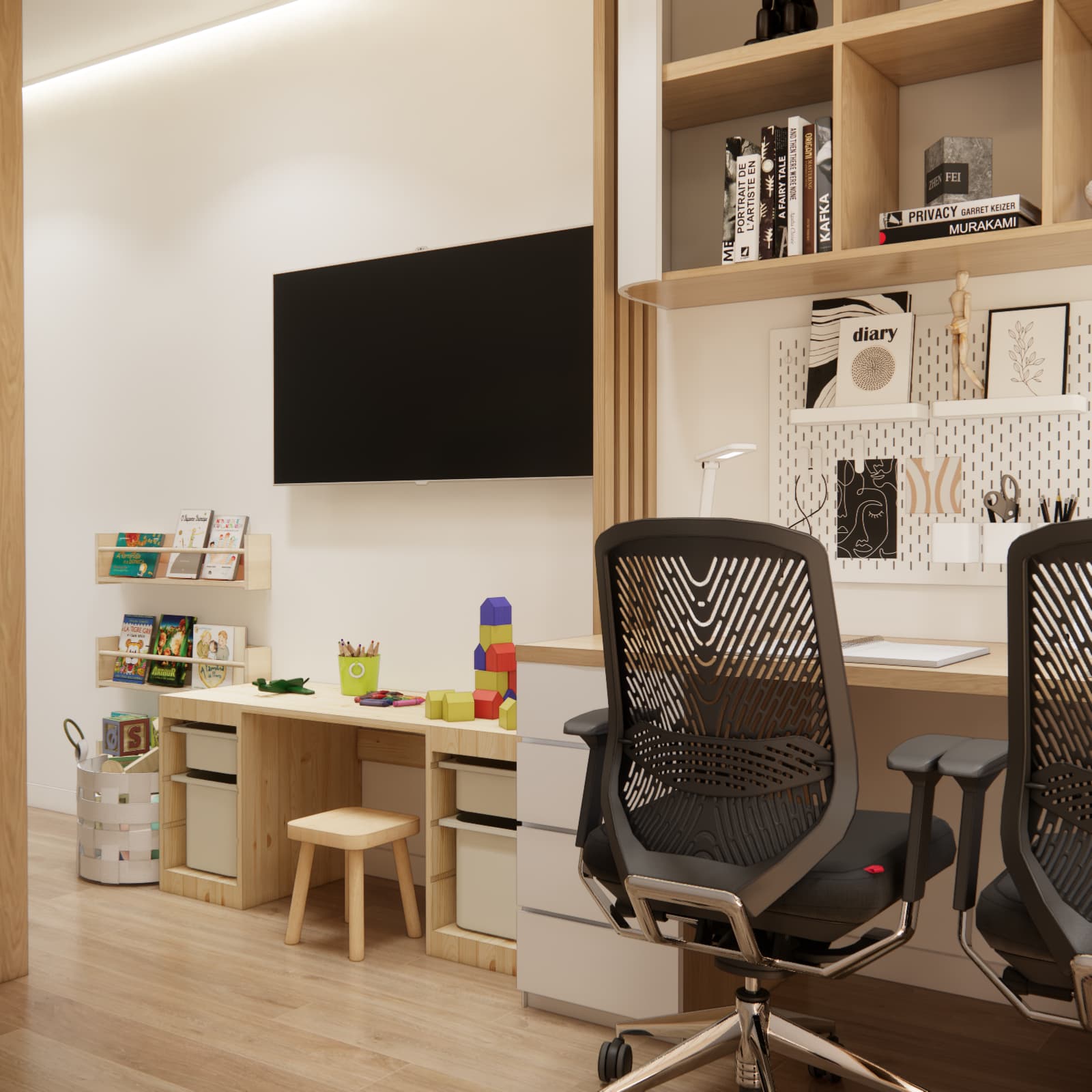 Narrow room for three children with study and play areas