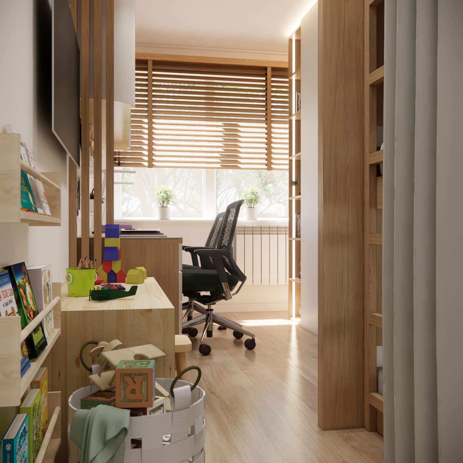 Room design for three children, 11.44 m², with desks, built-in furniture and a play area
