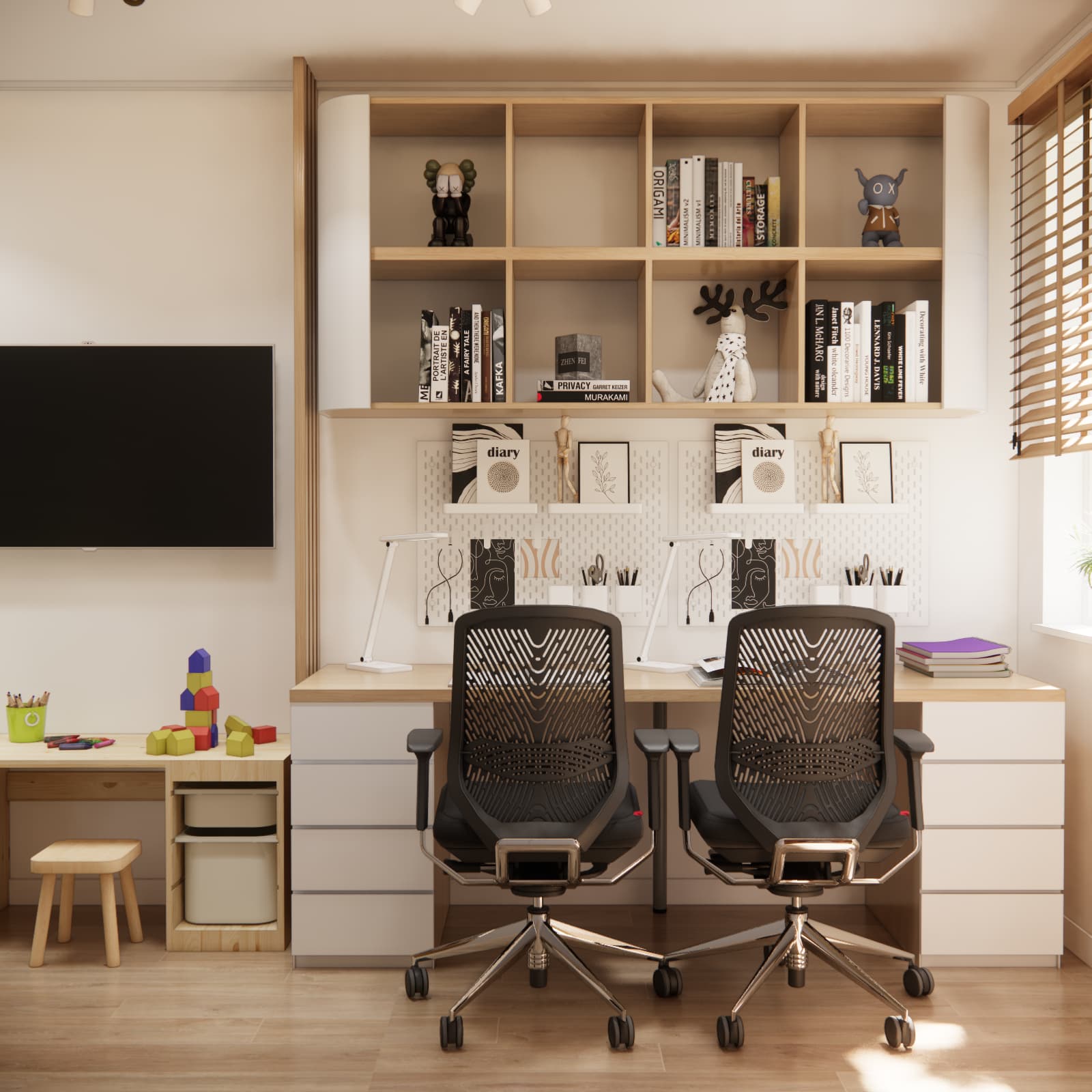 Shared desk for two children with shelving and storage space