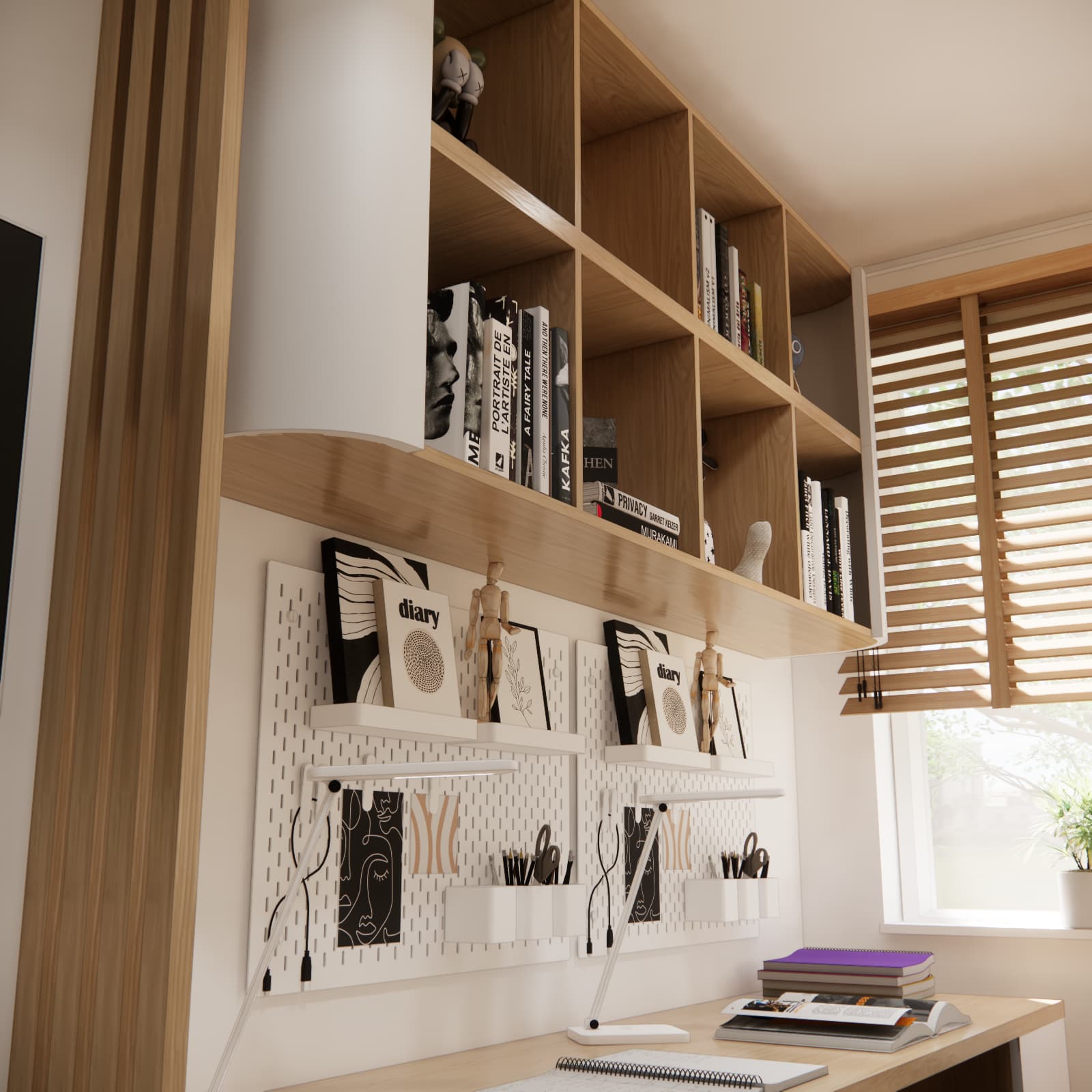 Shelves and organisers above the desks in a shared children's room