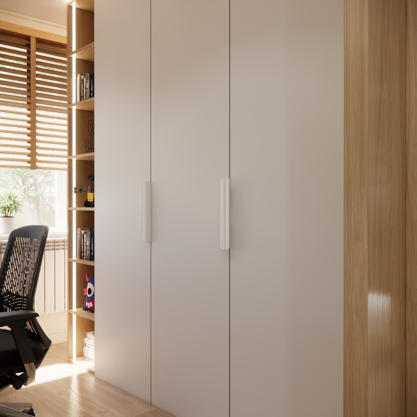 Spacious custom-made wardrobe in a small room for three children
