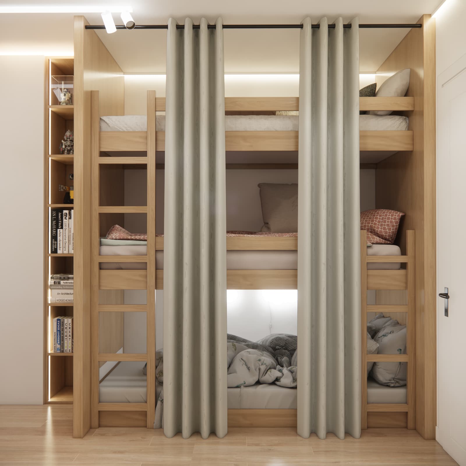 Three sleeping spaces in a room for three children with a three-level bunk bed
