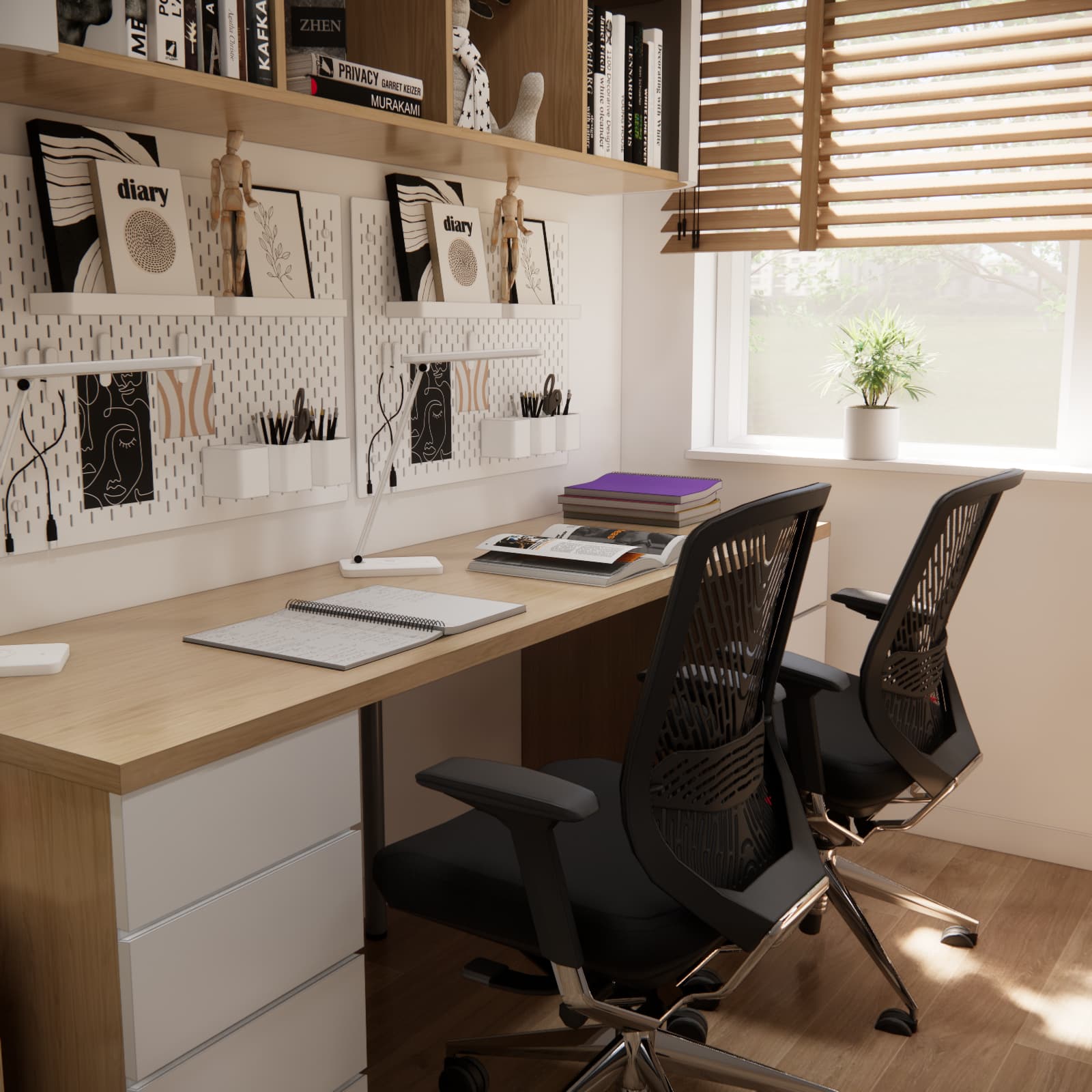 Two study spaces in a shared children's room with a long desk near the window