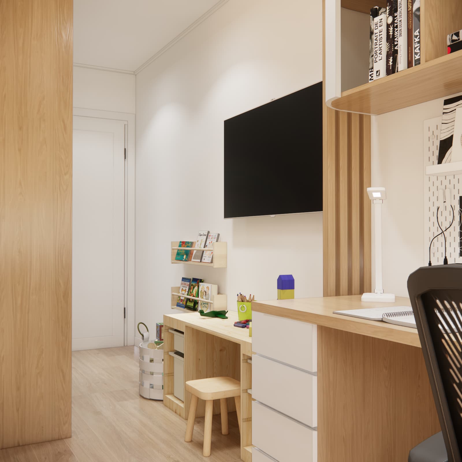 Wall-mounted TV and play area in a small room for three children