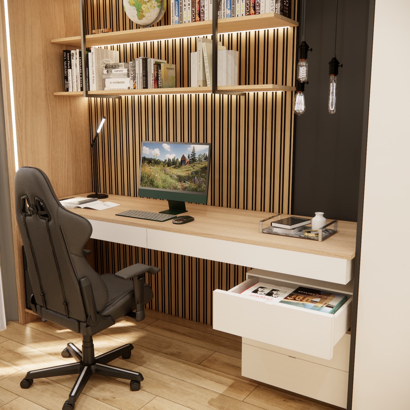 Desk with wooden slats, shelves and LED lighting in a teenager’s room
