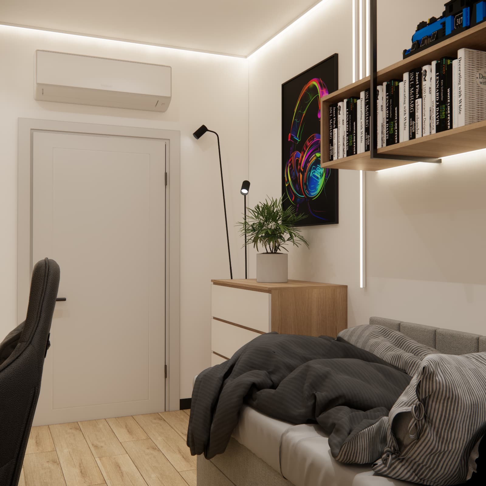 Modern room for a 16-year-old in white, wood and black