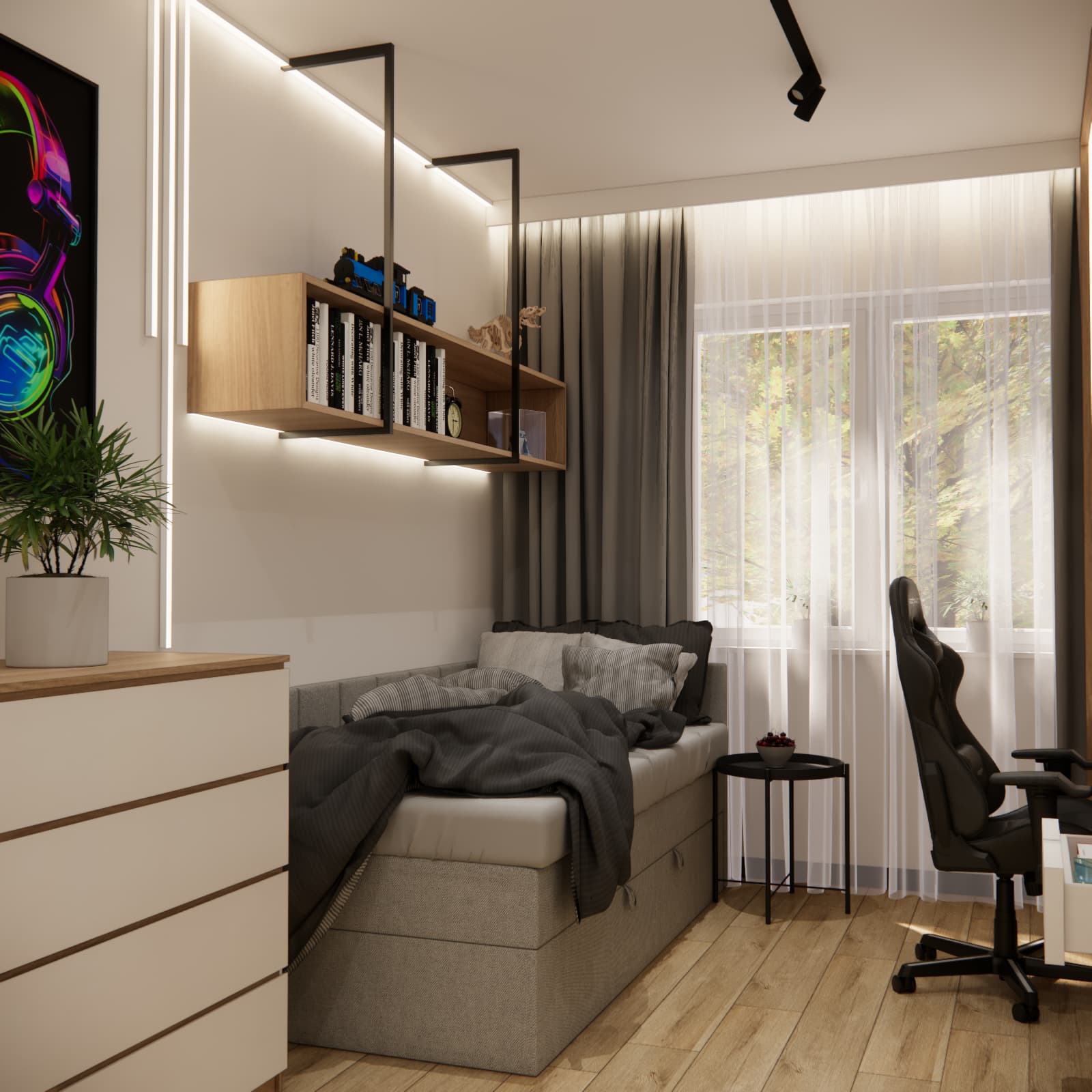 Sleeping area in a 16-year-old boy’s room with bed and shelves