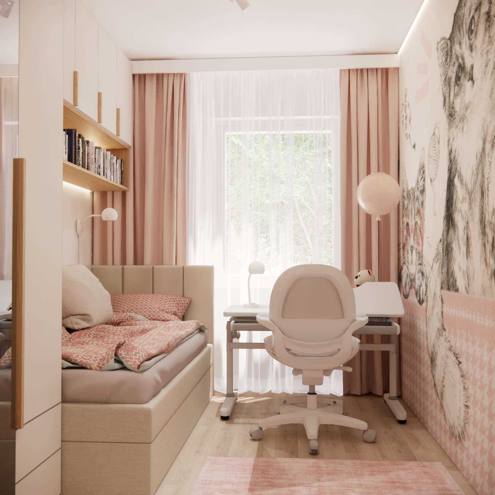 Bright children's room with cat wallpaper and dusty pink accessories