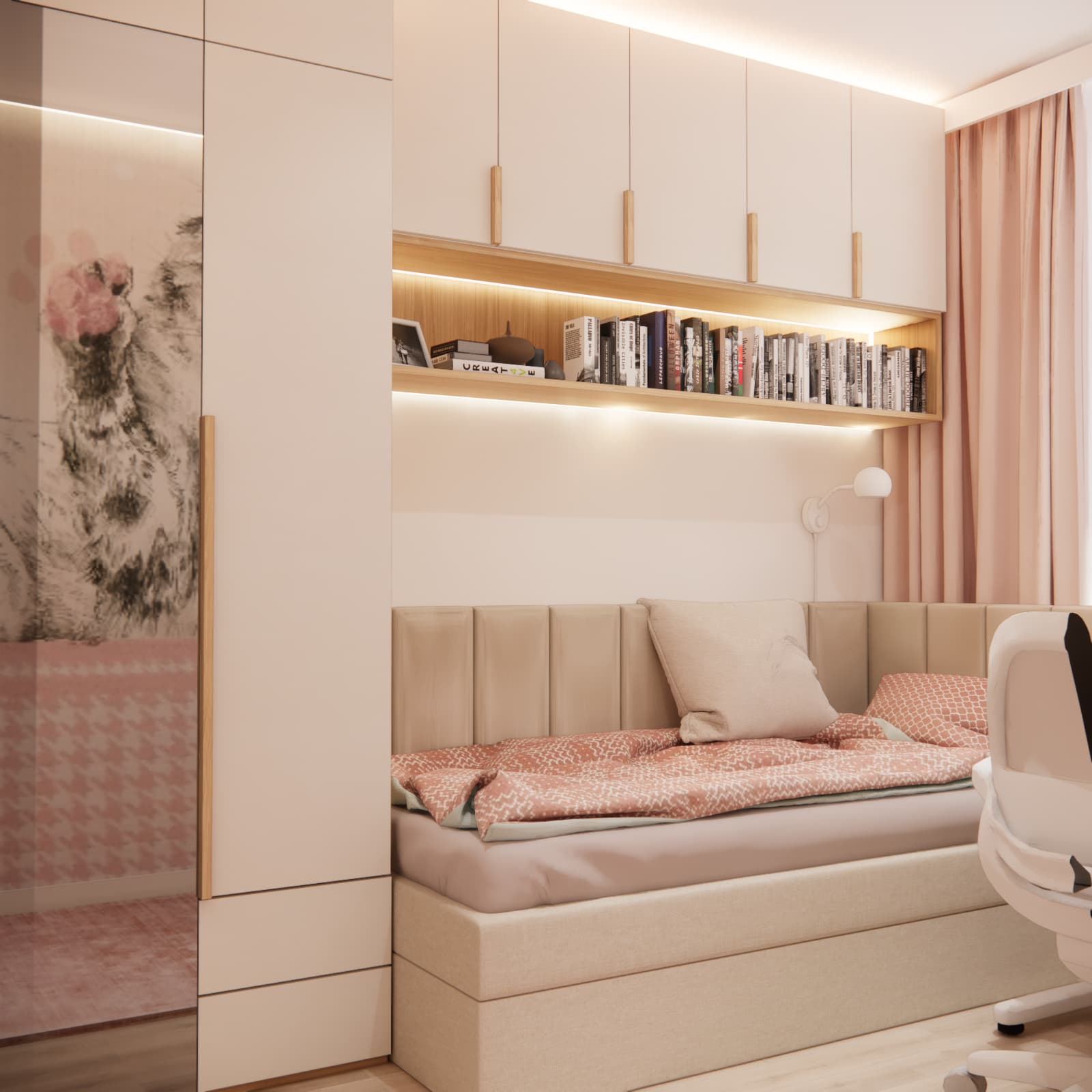 Built-in bed with bookshelf and LED lighting in a girl's room