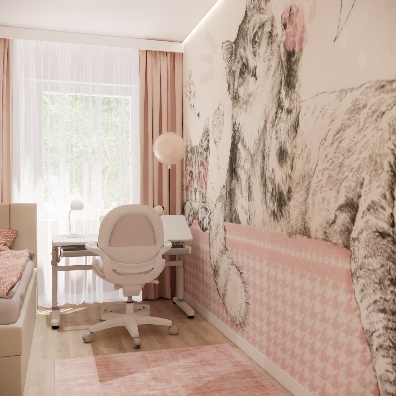 Cat wallpaper in a room design for a 6-year-old girl