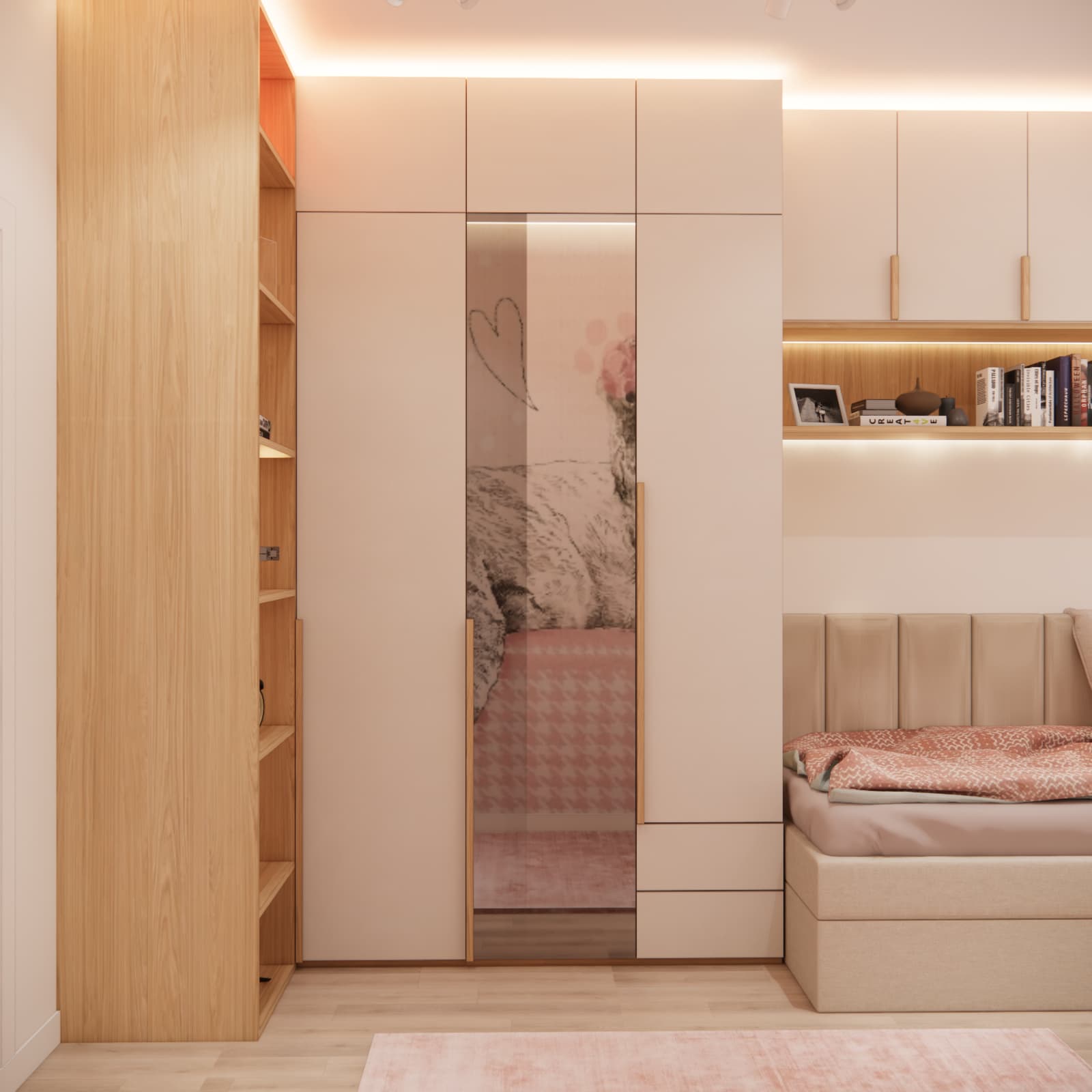 Floor-to-ceiling custom-made wardrobe with a mirror in a children's room