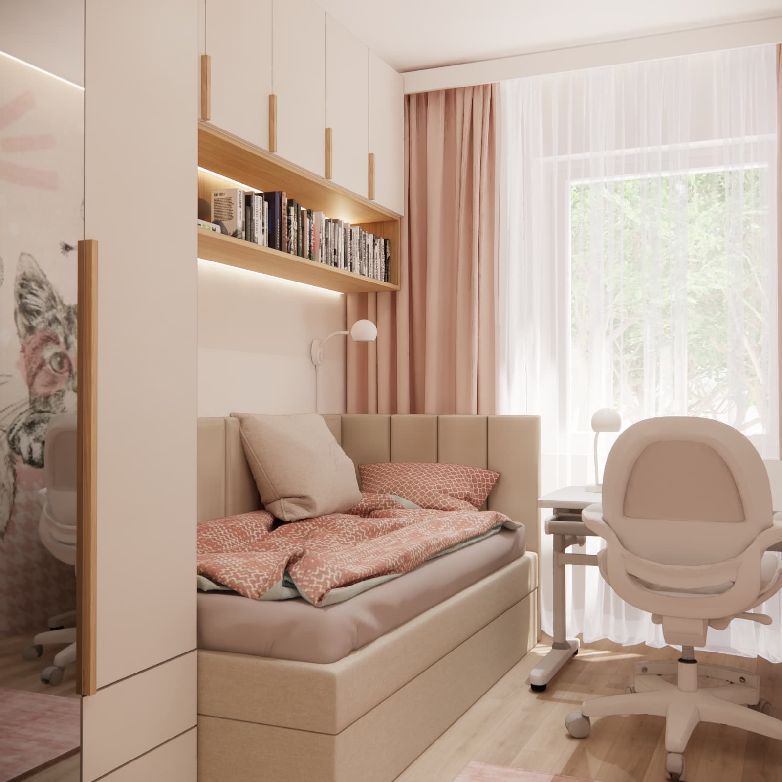 Girl's room with custom-made furniture, bookshelf and study area