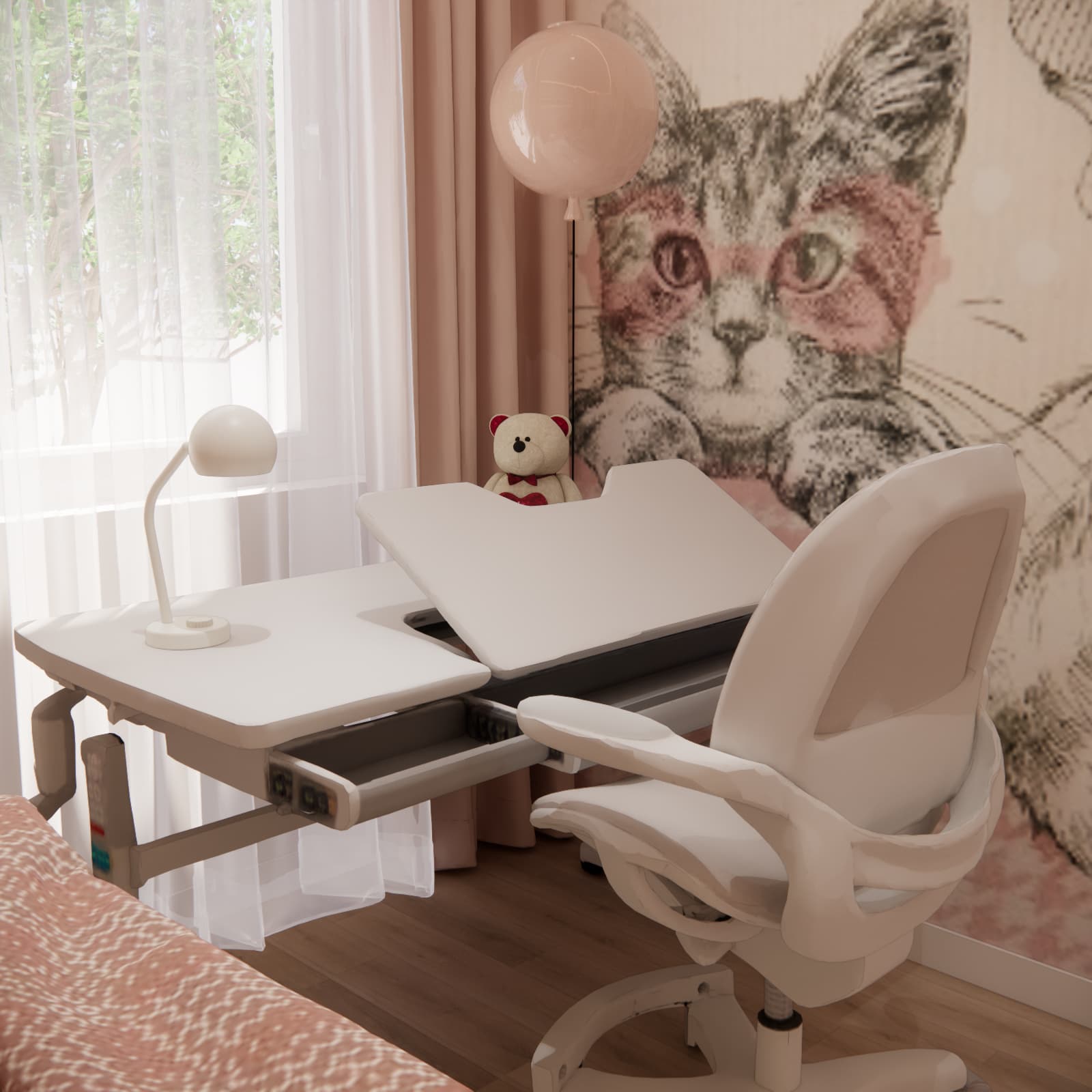 Height-adjustable children's desk by the window in a girl's room