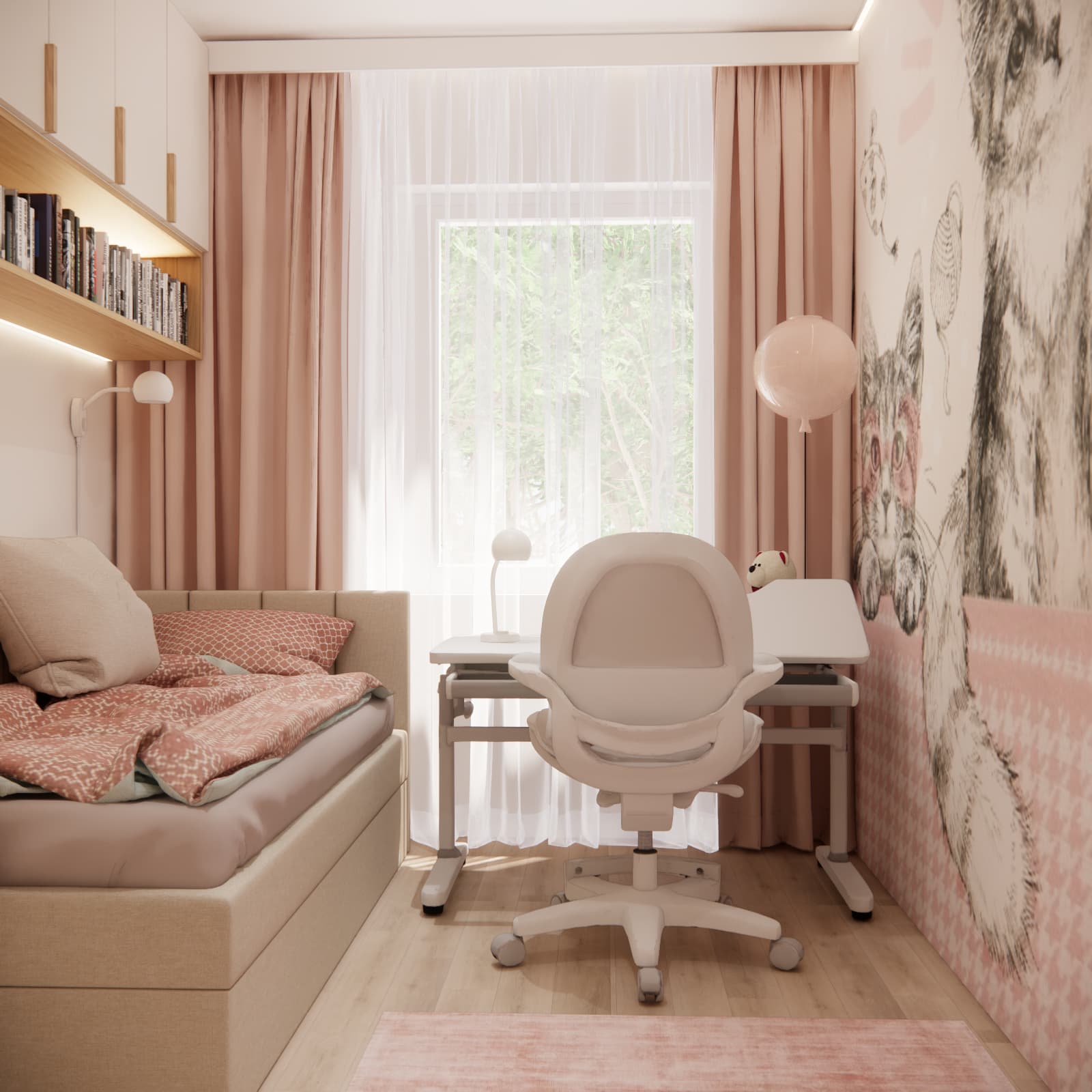 Room design for a 6-year-old girl with a bed and height-adjustable desk by the window
