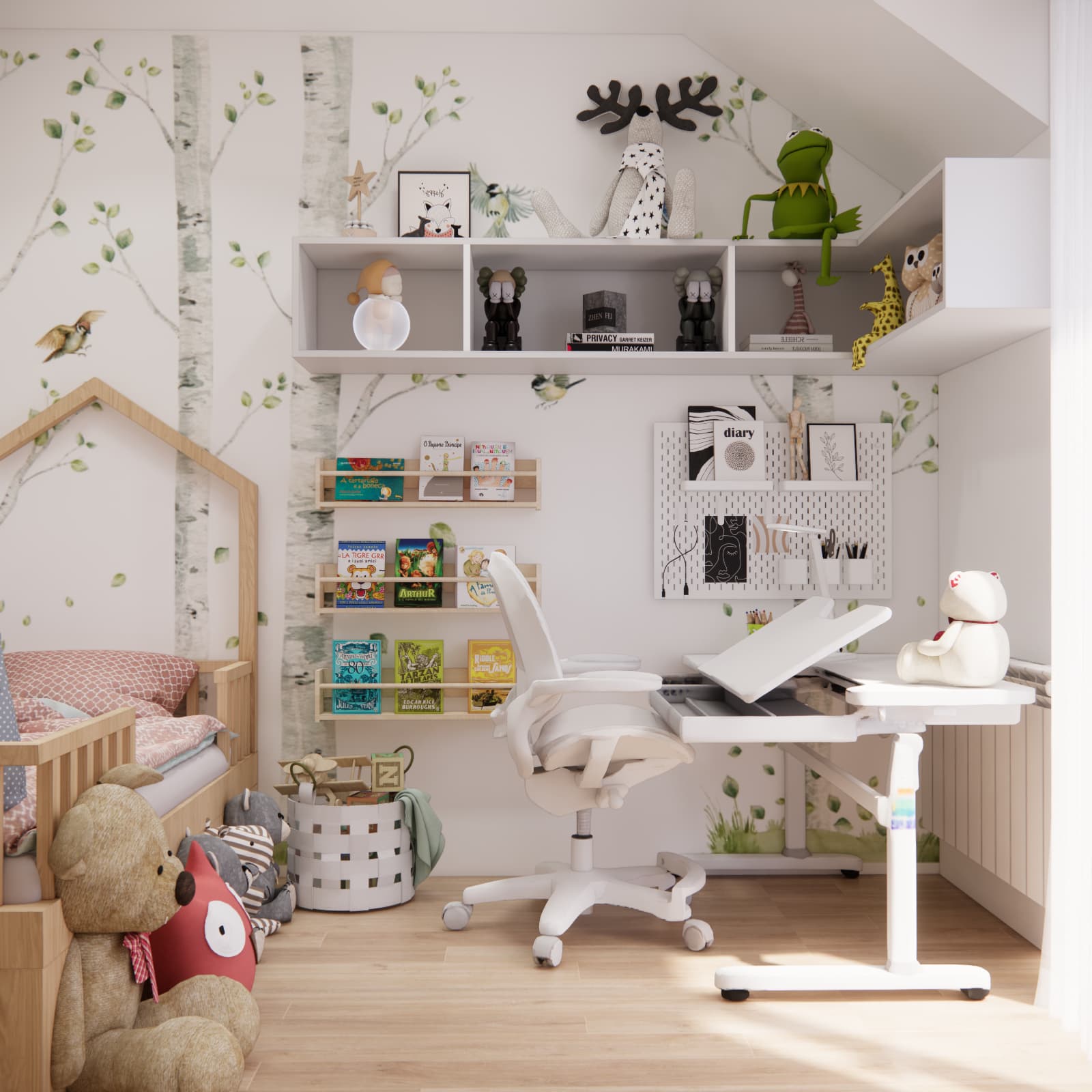 Design of a room for a 7-year-old girl with a desk by the window and bookshelves
