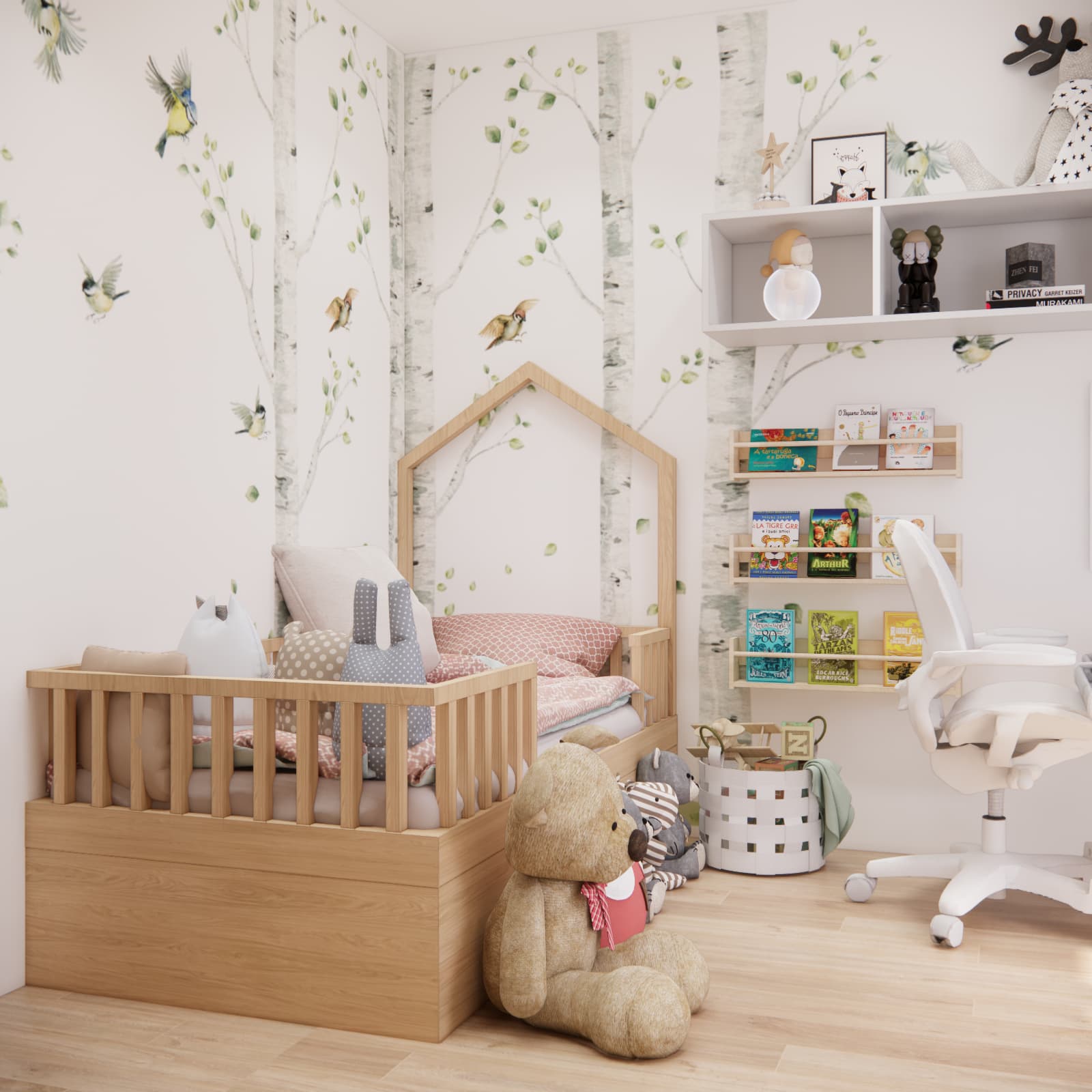 Forest wallpaper with birch trees in a bright room for a 7-year-old girl