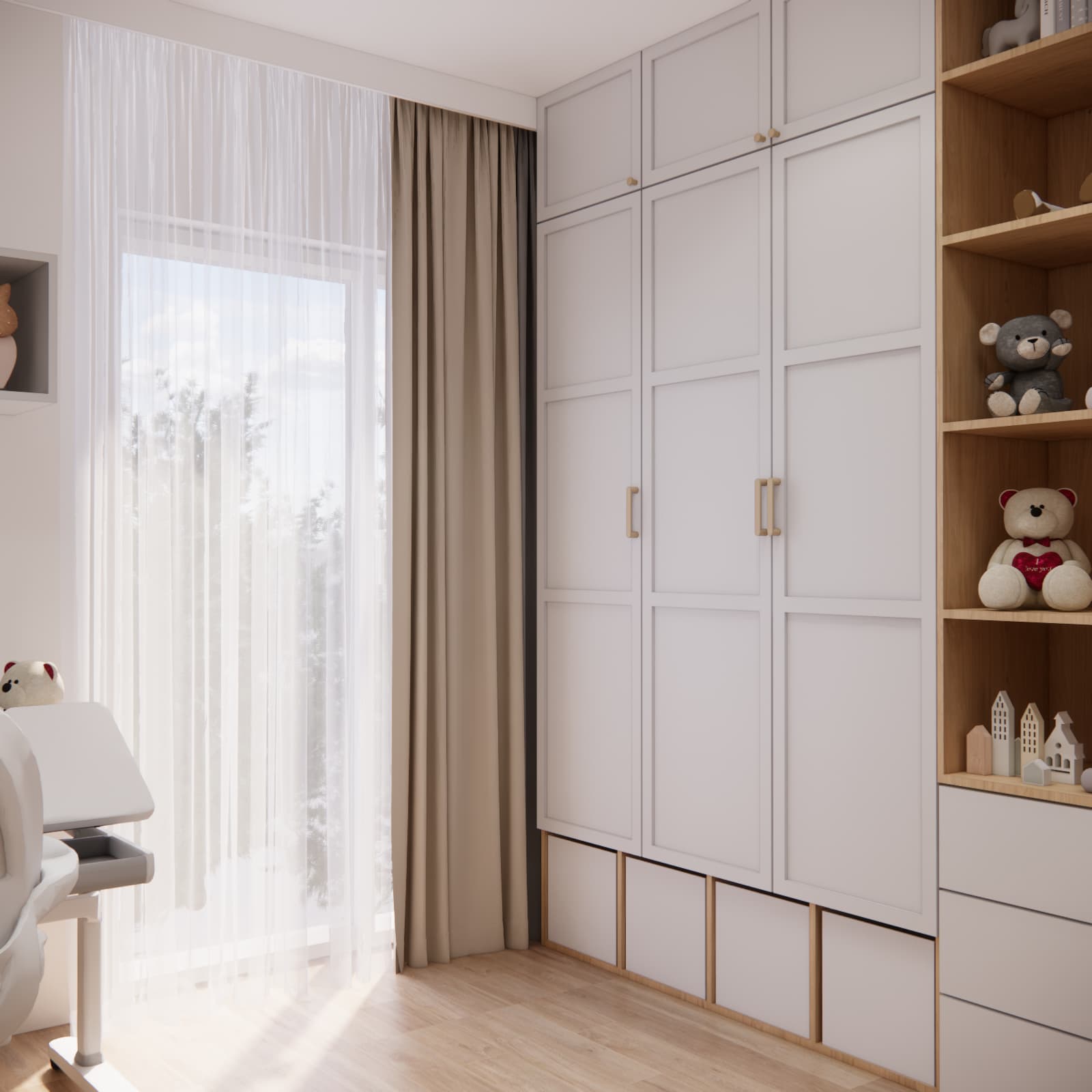 Light-coloured floor-to-ceiling custom wardrobe in a 7-year-old girl's room
