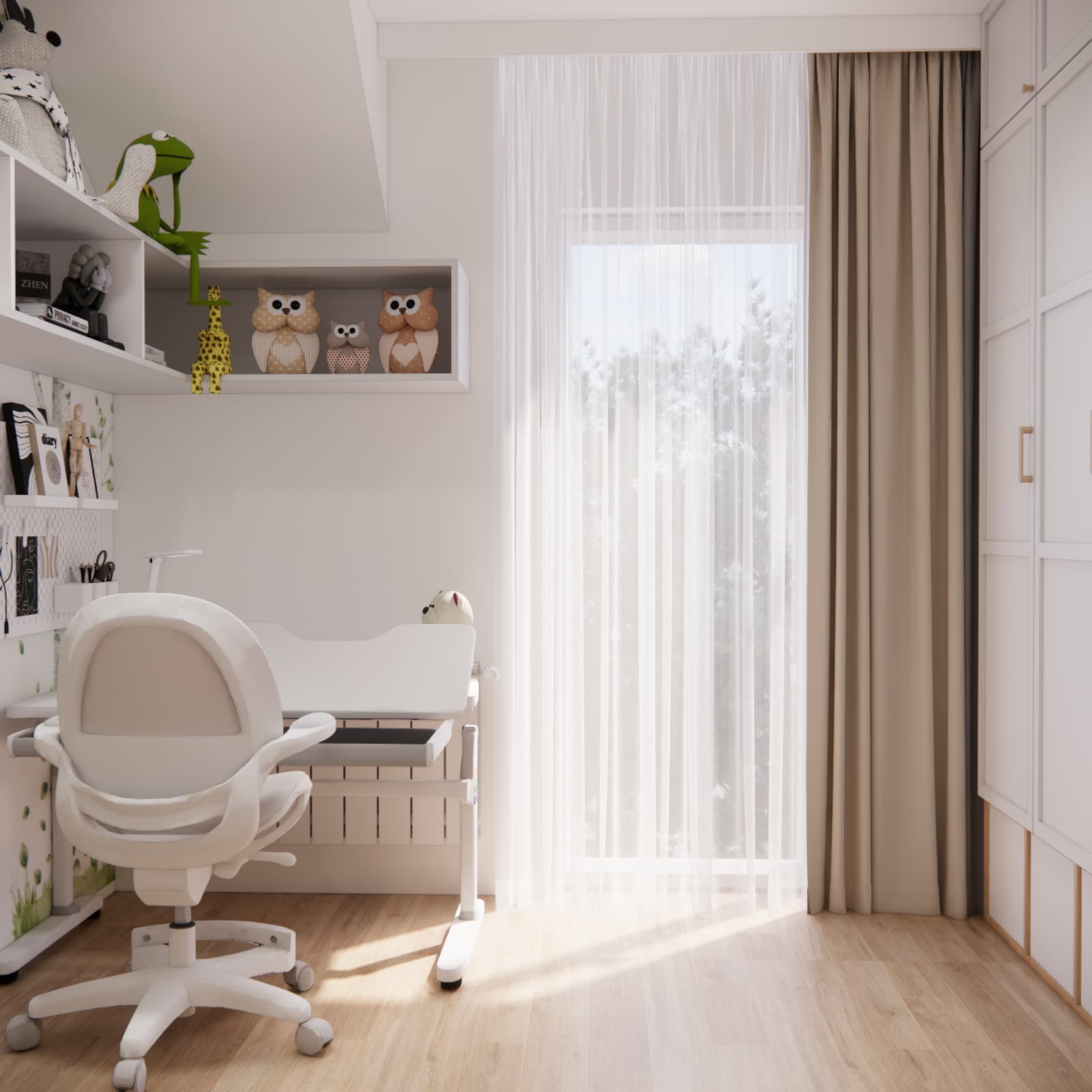 Study desk positioned by the window in a schoolgirl's room
