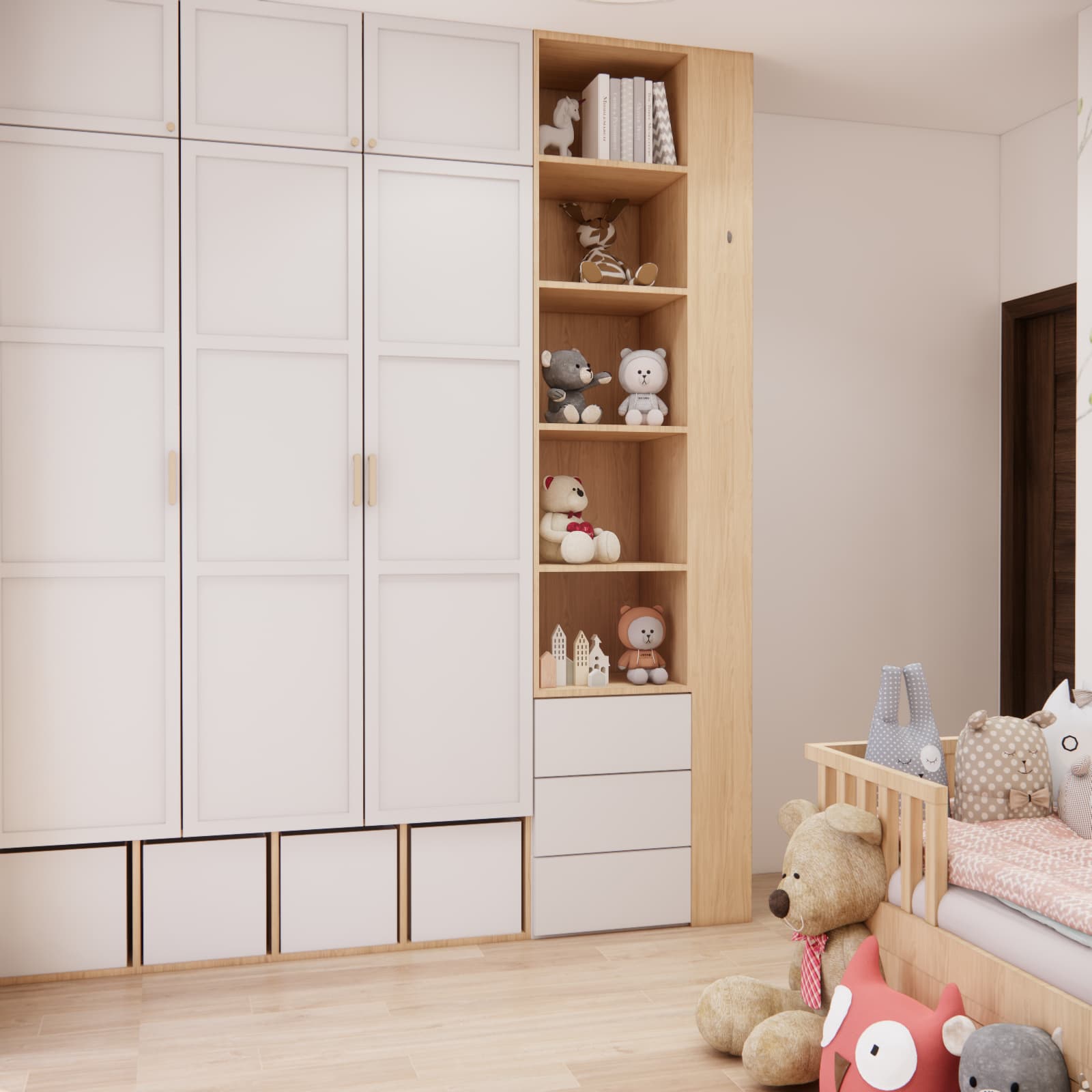 Wardrobe with closed fronts and a wooden shelving unit for toys in a girl's room