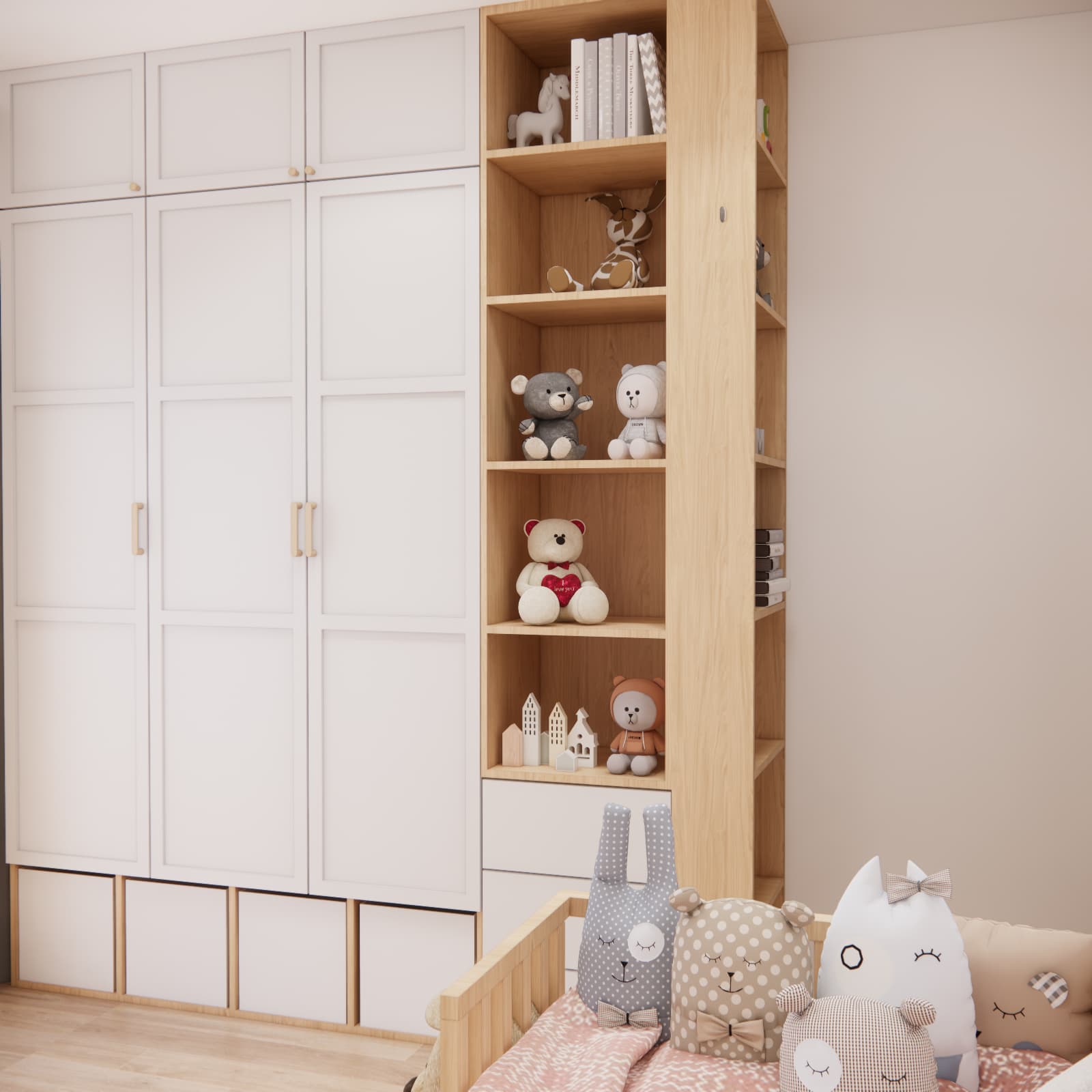 Wooden bed and spacious built-in storage in a girl's room design