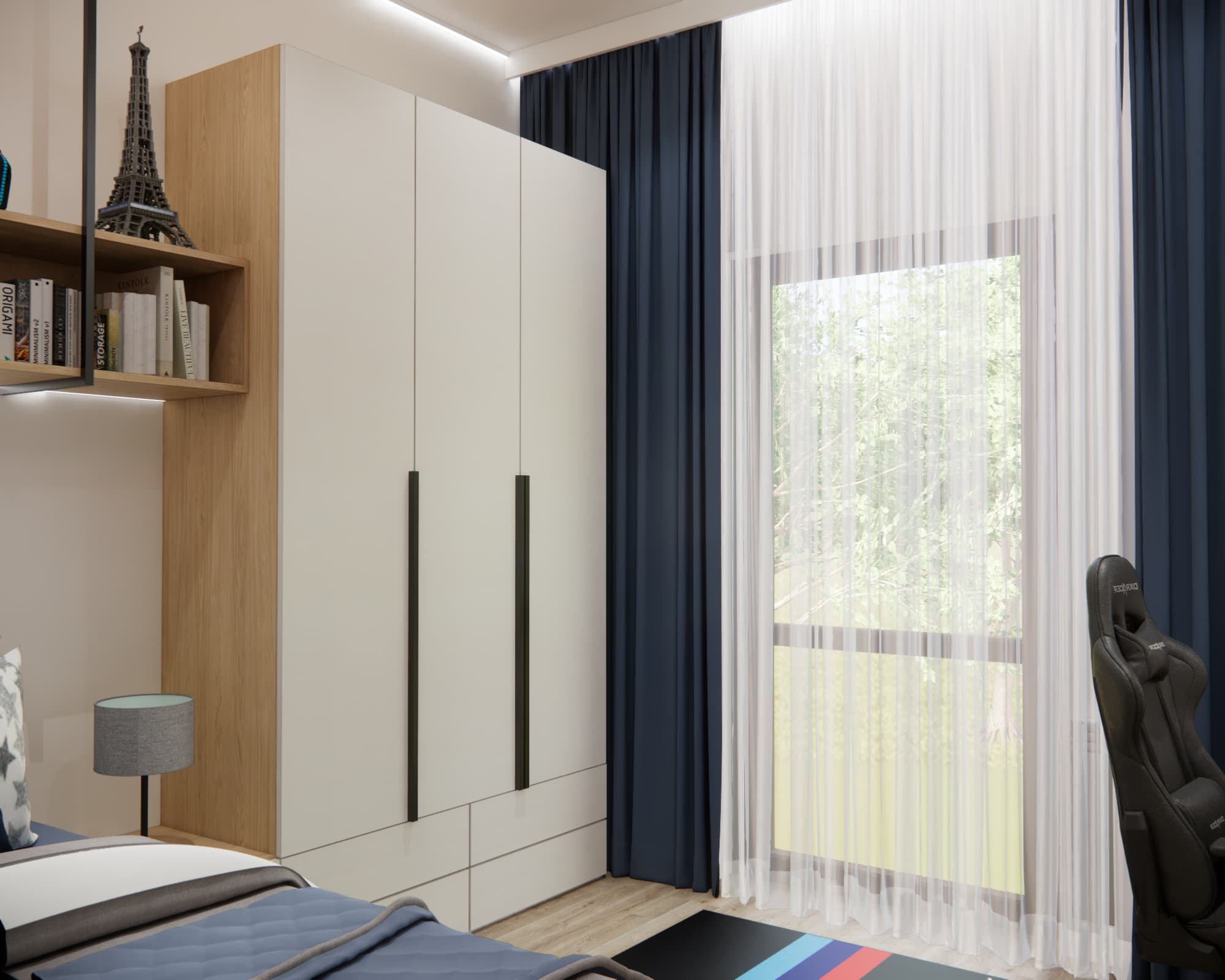 10.28 m² room design for a 10-year-old boy in Warsaw with a large wardrobe and navy curtains