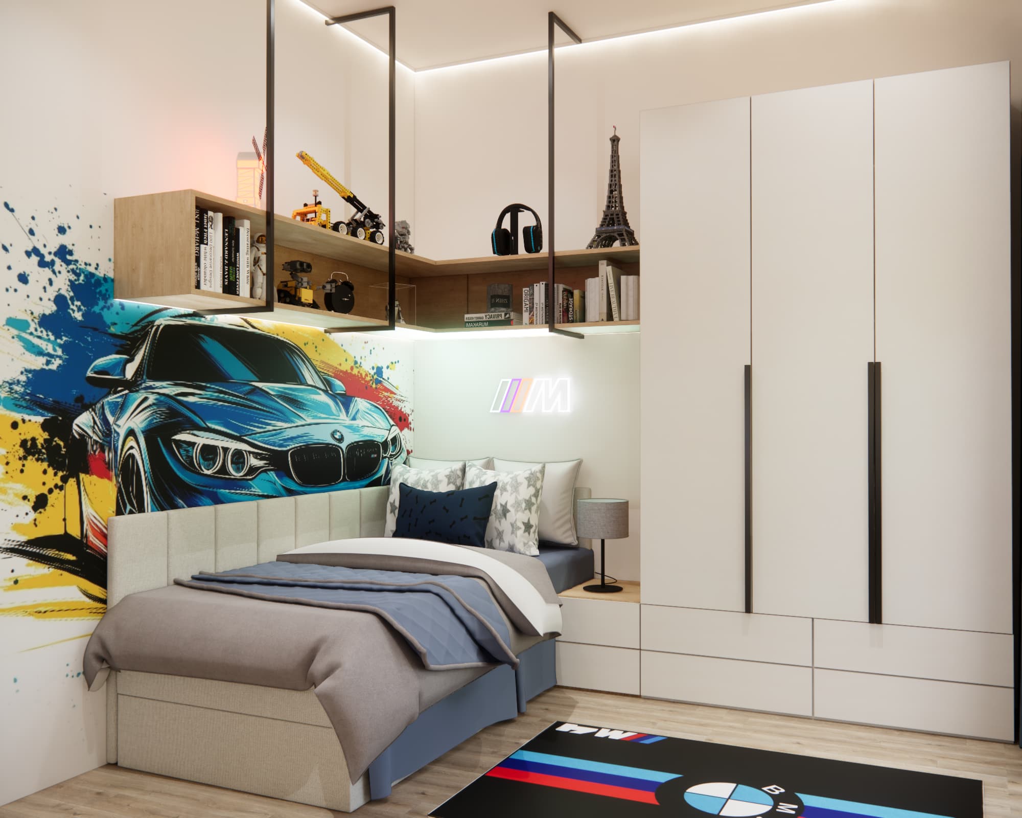 Boy’s room with a BMW theme – bed, car wall graphic and custom-built furniture