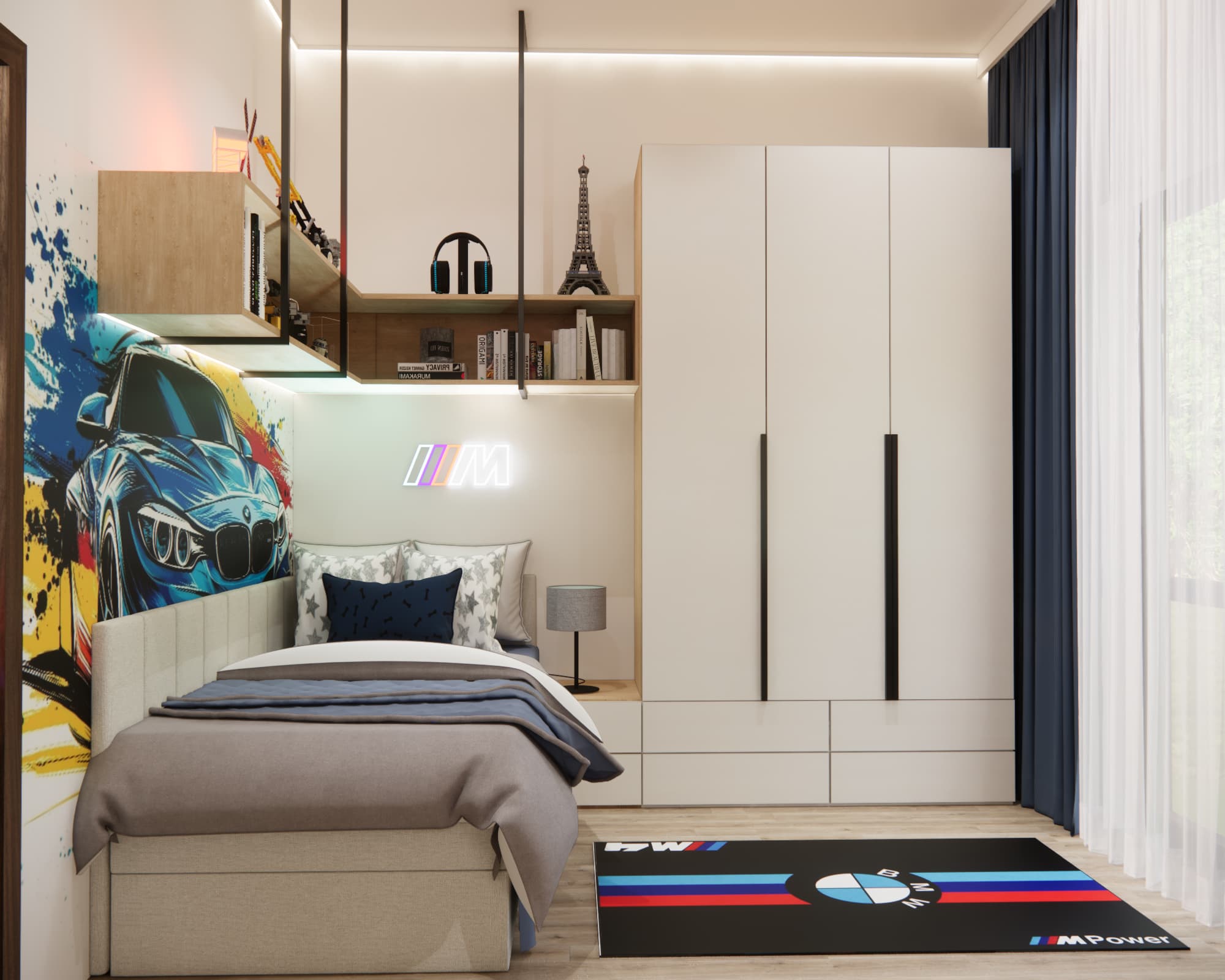 Modern 10 m² room for a 10-year-old boy with a BMW theme and large wardrobe