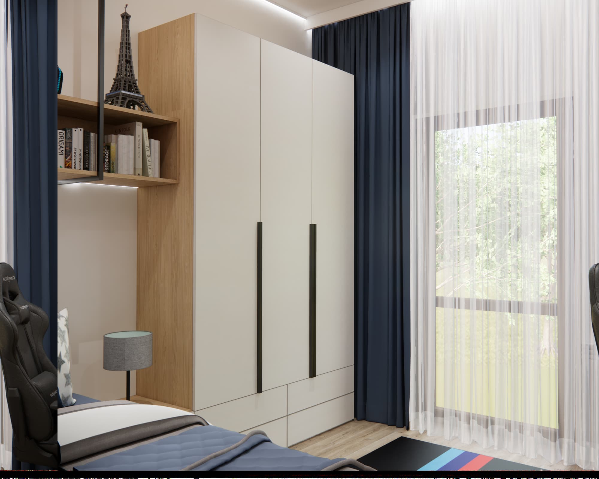 Small room design for a 10-year-old boy with spacious custom-built storage furniture