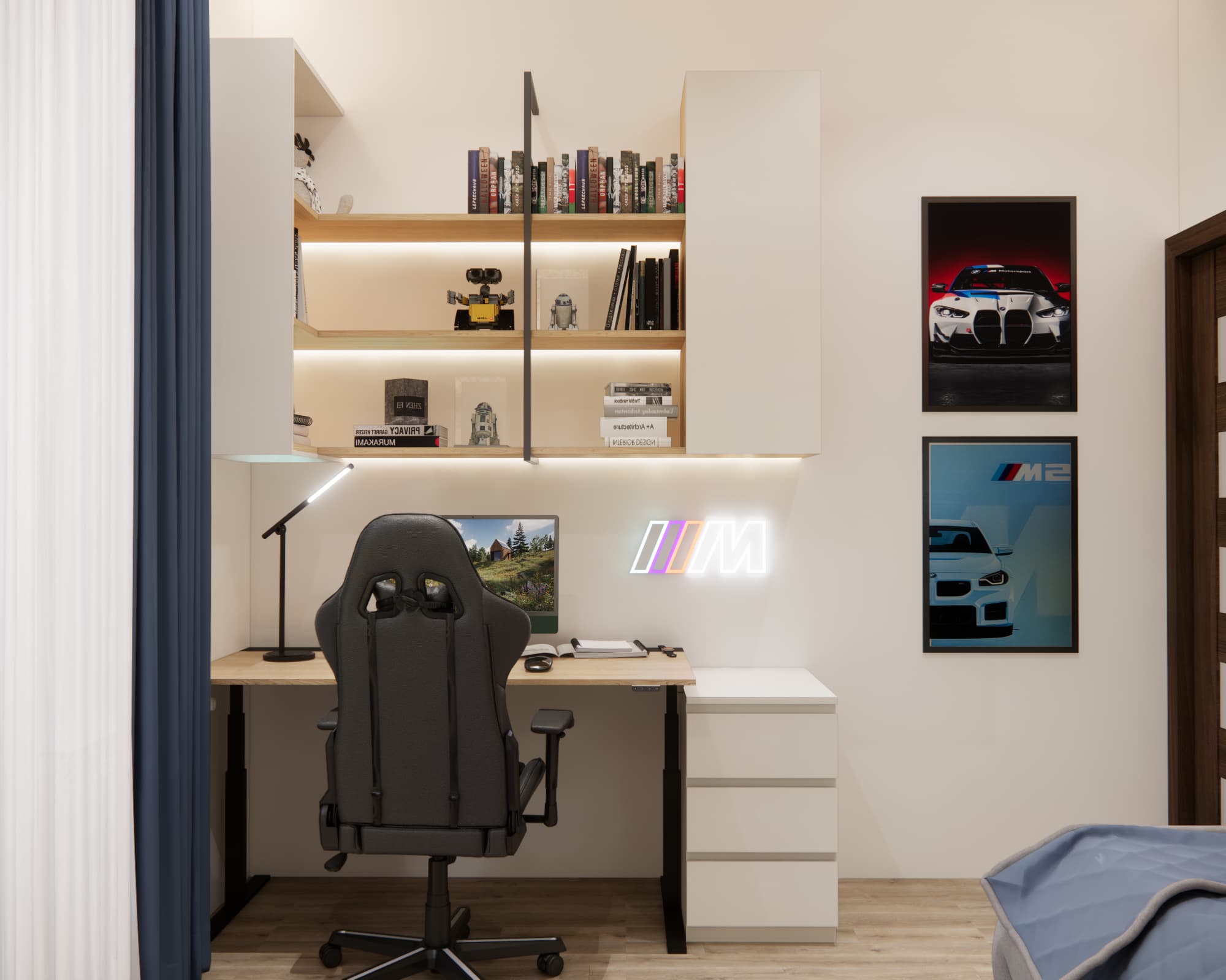 Study area design in a boy’s room with shelves, cabinets and LED lighting