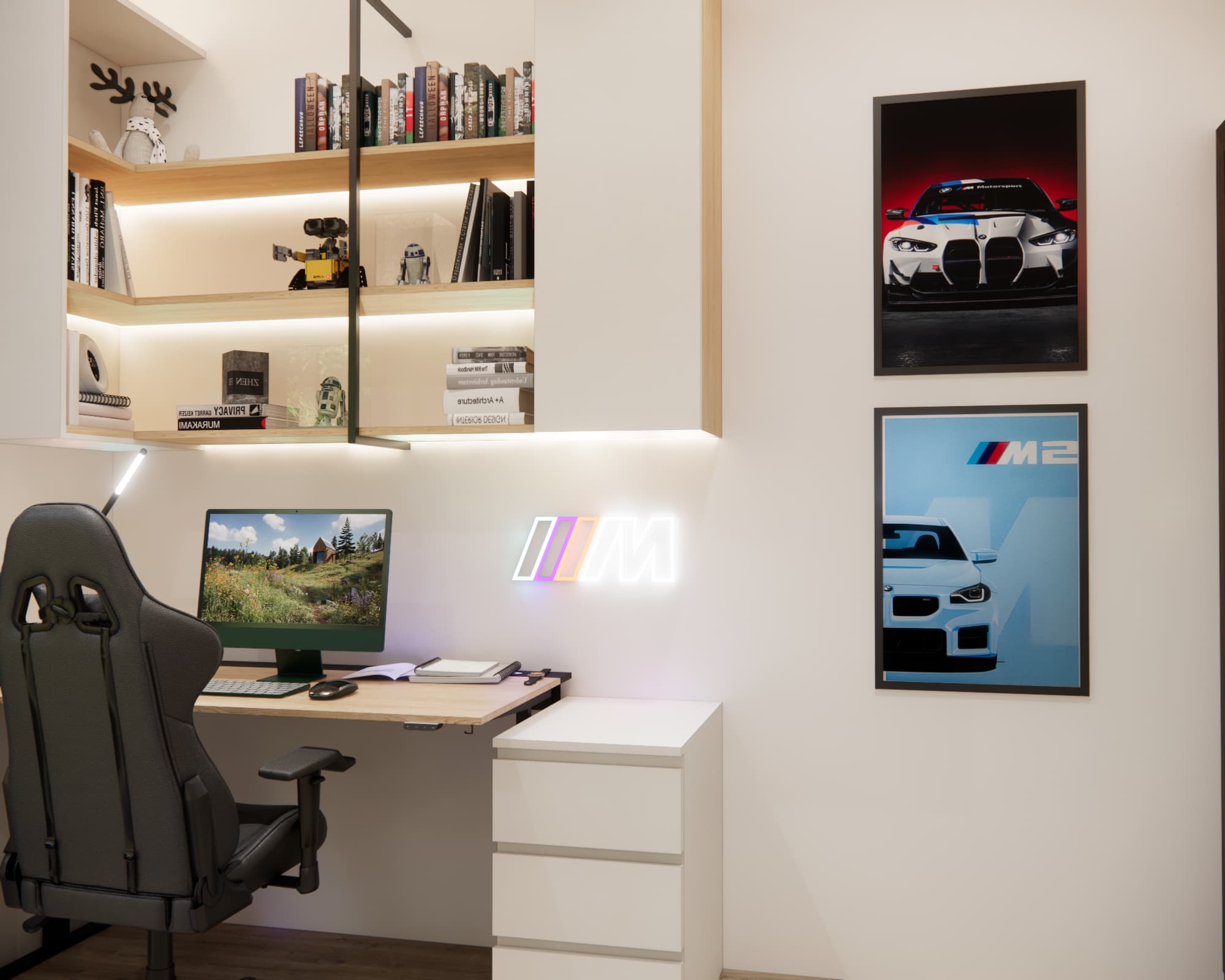 Study desk and computer station in a room designed for a 10-year-old boy