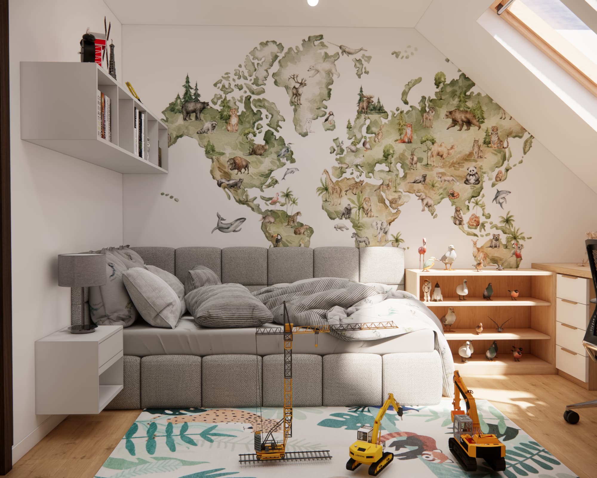 Boy's room design in Tczew with a full-size bed and animal world map