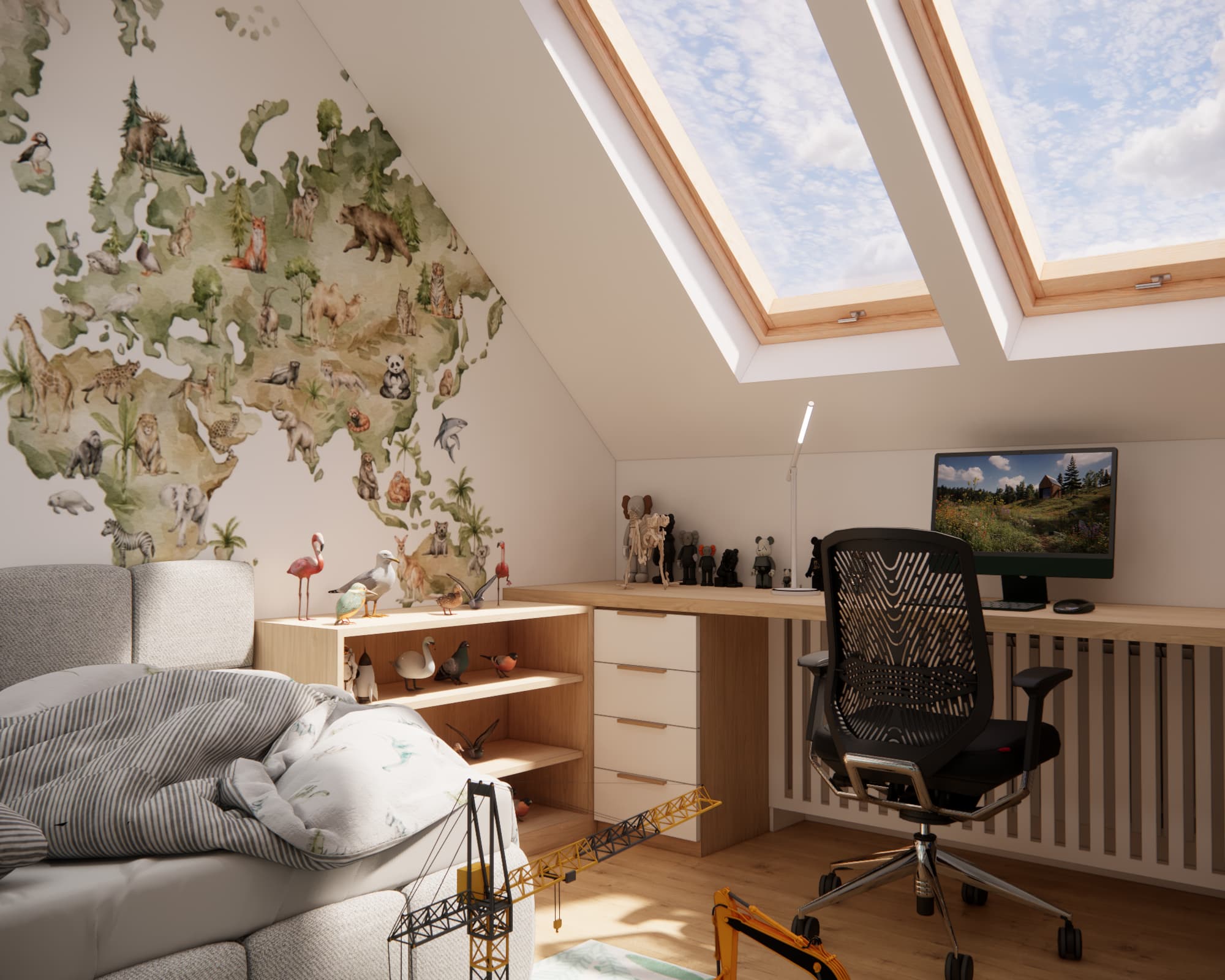 Boy's room with animals, world map and desk under a sloped ceiling